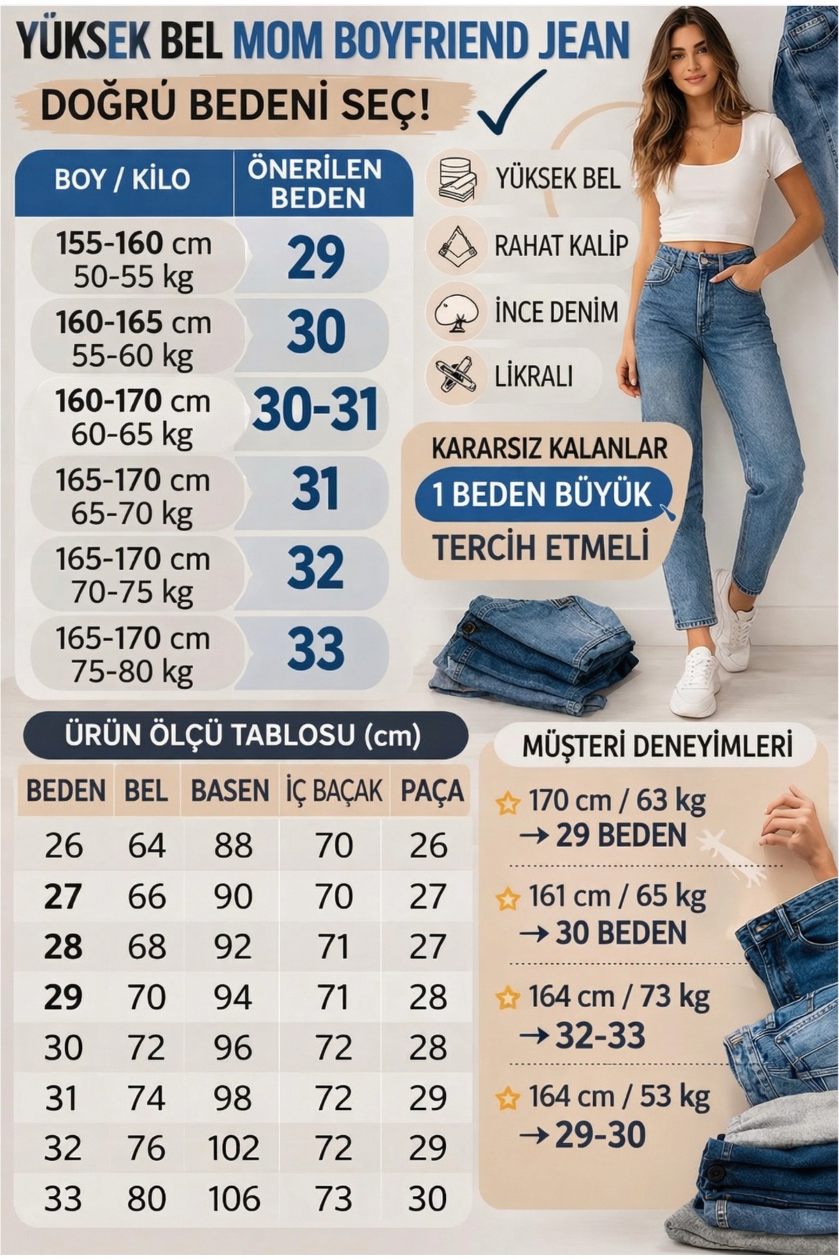 FlexiFit  Yüksek Bel Mom Boyfriend Kadın Jean Pantolon | Rahat Kalıp | Denim | BEJ - Görsel 3