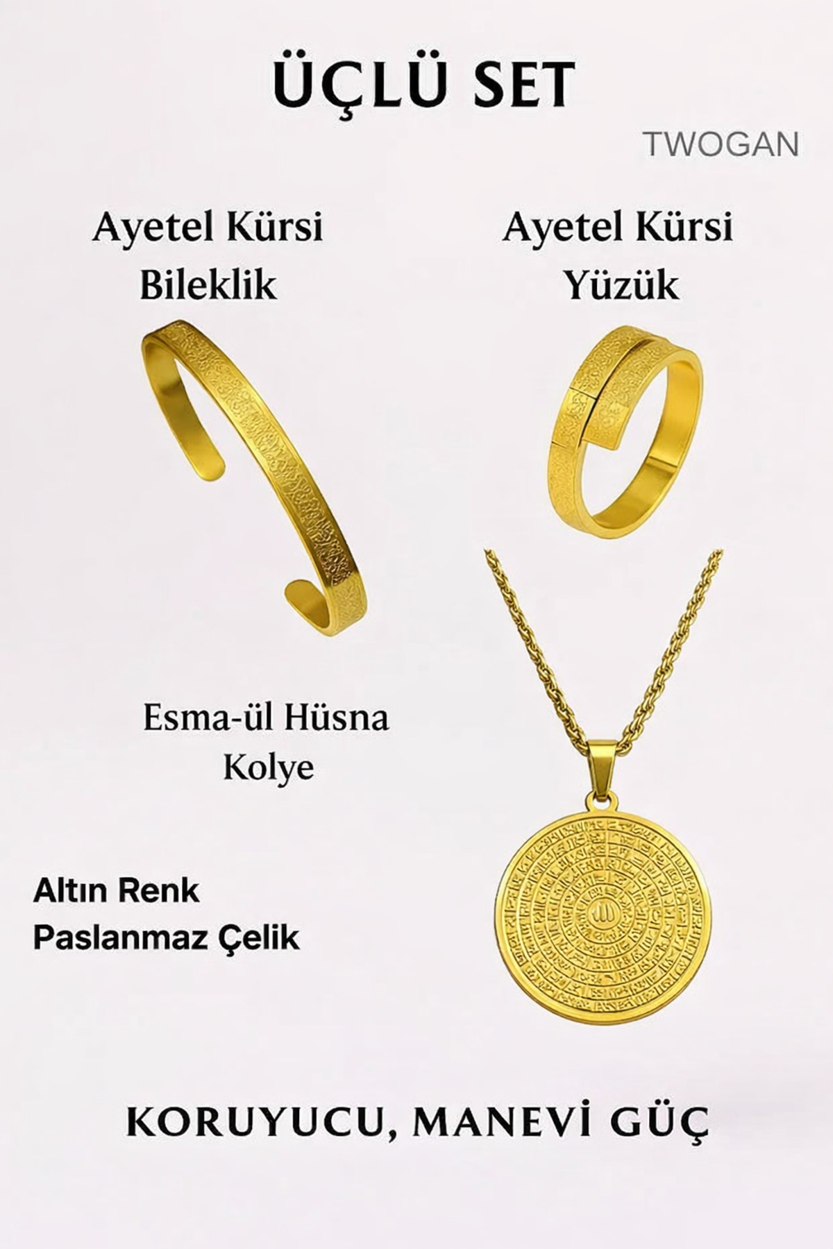 Verse Ball Bracelet, Ring, Esmaül Hüsna Necklace, Premium Set Steel, Gold Color, Adjustable Triple