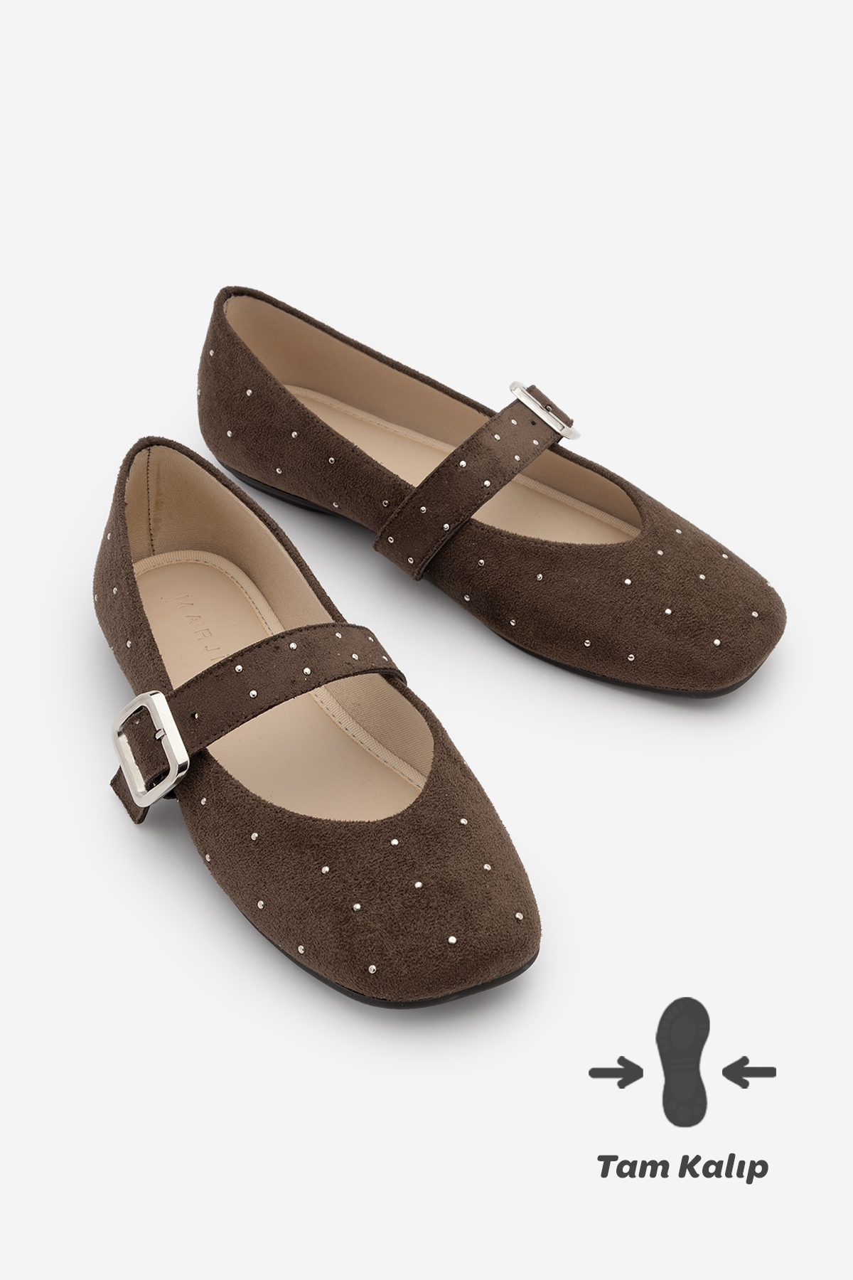 Marjin  Kadın Küt Burun Tokalı Zımbalı Babet Velona Kahve Süet