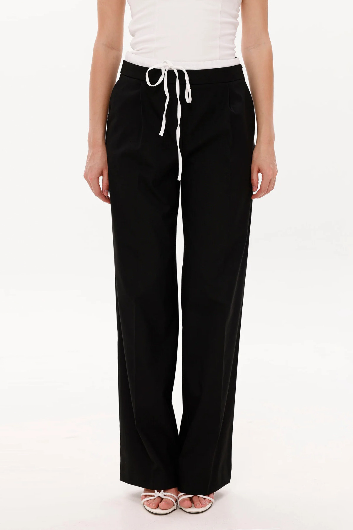 LA PANTE  Kadın Pantolon Beli Lastikli Bağcıklı Yancepli Geniş Paça Siyah Pantolon Kadın Kemer Garnili Şık - Görsel 6