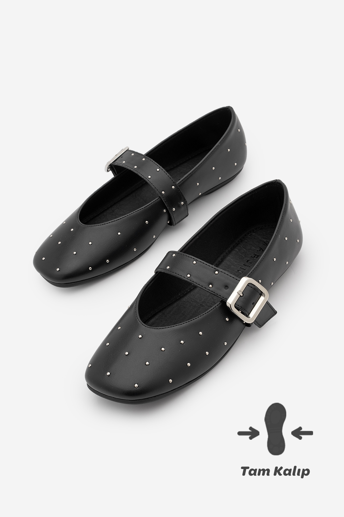 Marjin  Kadın Küt Burun Tokalı Zımbalı Babet Velona Siyah