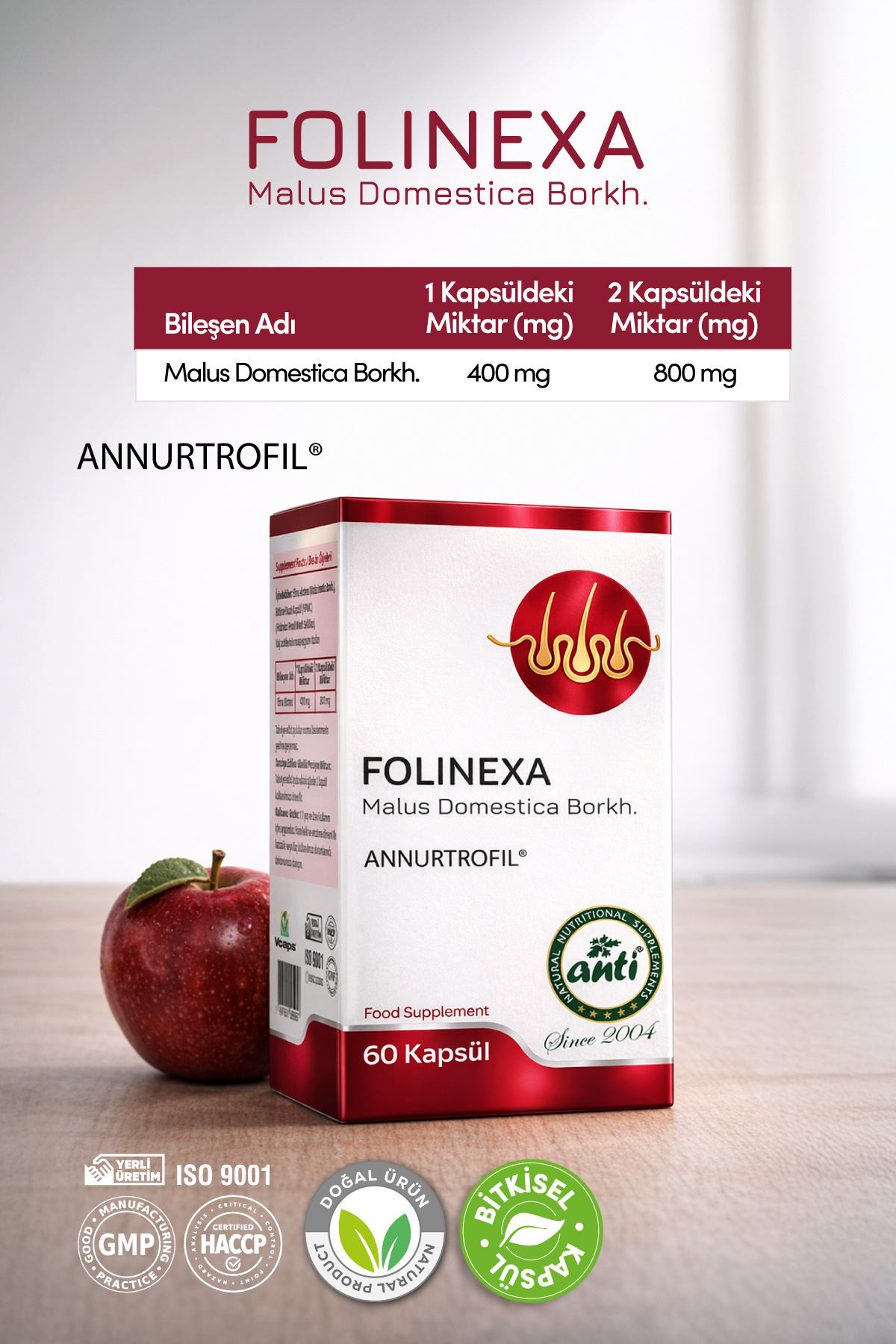 anti FOLINEXA Malus Domestica Borkh. Saç Kökü Destekleyici Elma