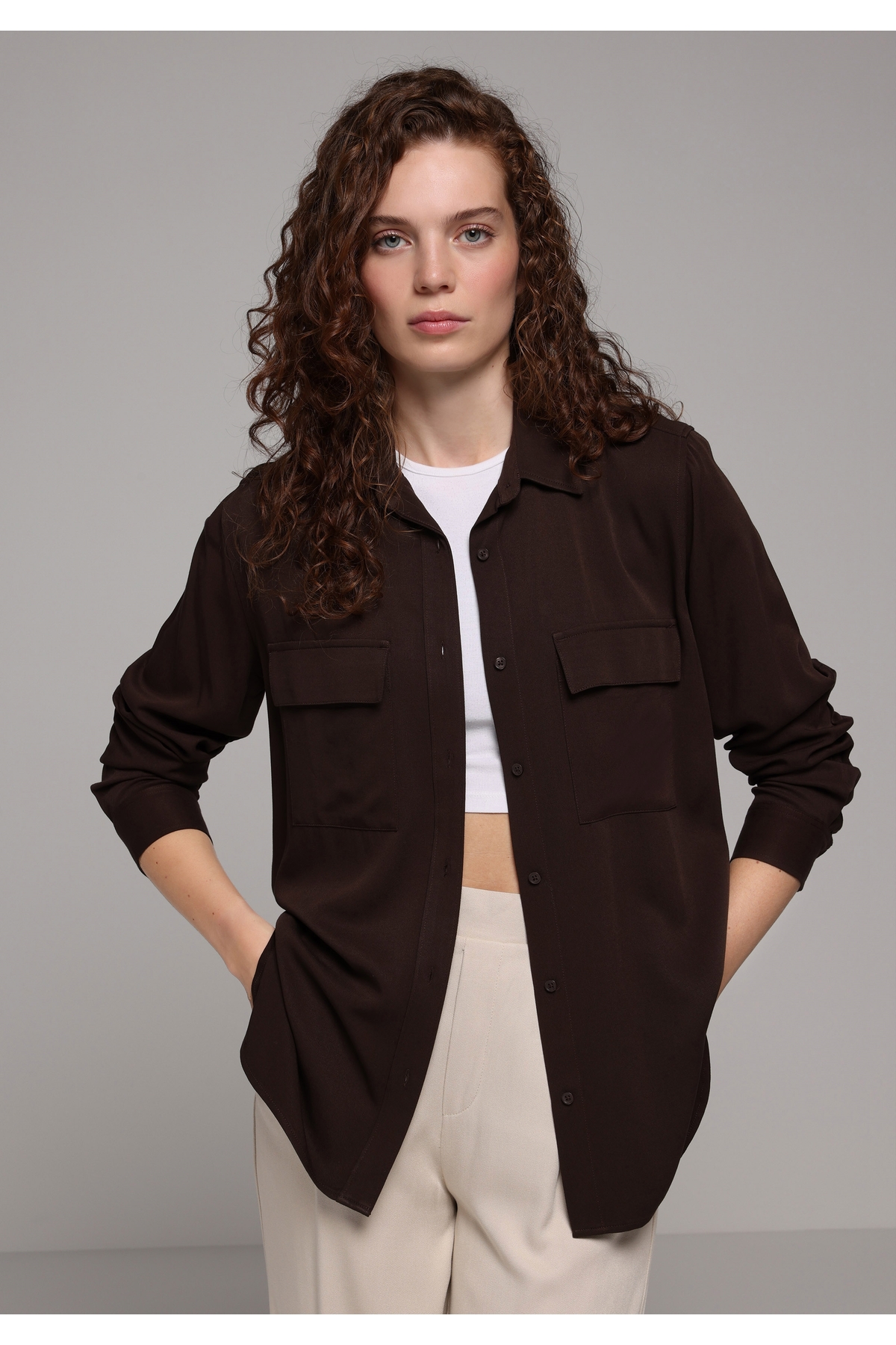 Colin’s  Regular Fit Shirt Neck Düz Kadın Kahverengi Uzun Kol Gömlek