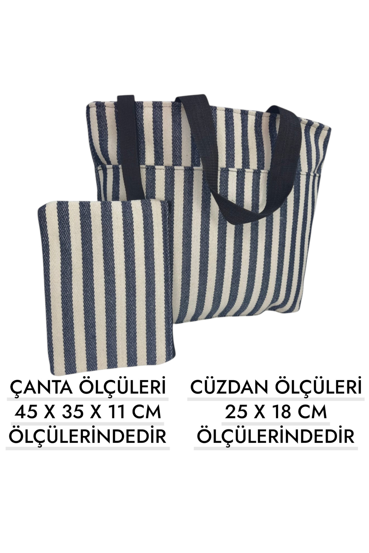 LIGHTINGHM LACİVERT BEJ KETEN DOKUMA PLAJ DENİZ ÇANTASI ÖNÜ CEPLİ PİKNİK ÇANTASI VE CÜZDAN 2Lİ görsel 2