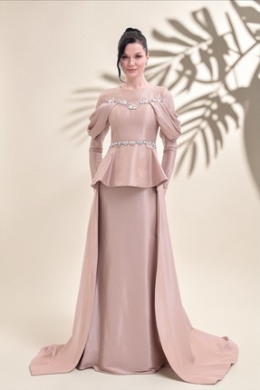 BDM Exclusive Tafta Taş İşlemeli Drape Kollu Peplum Premium Abiye Elbise