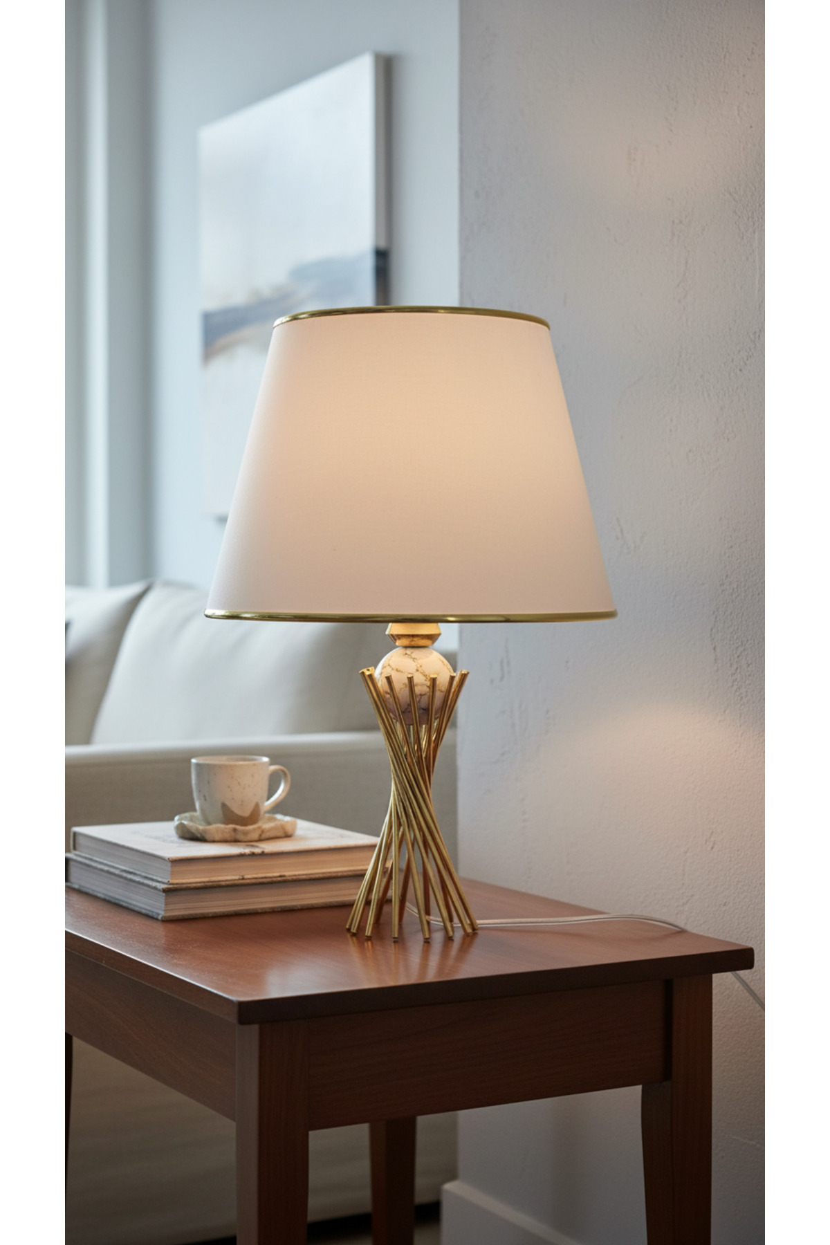 Gold Plated Auger Metal Foot Gold Veined White Bulk Gold Striped White Fabric Hat Lampshade