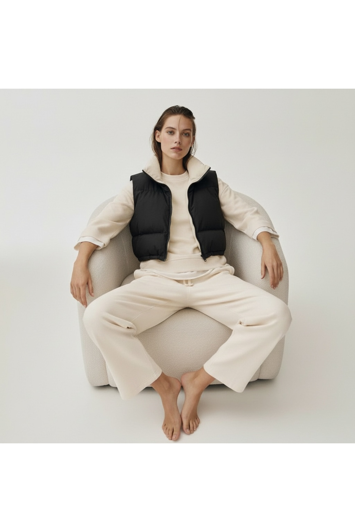 FEG STORE  BEJ-SİYAH ÇİFT TARAFLI DİK YAKA ŞİŞME KOLSUZ MONT-YELEK - Görsel 5