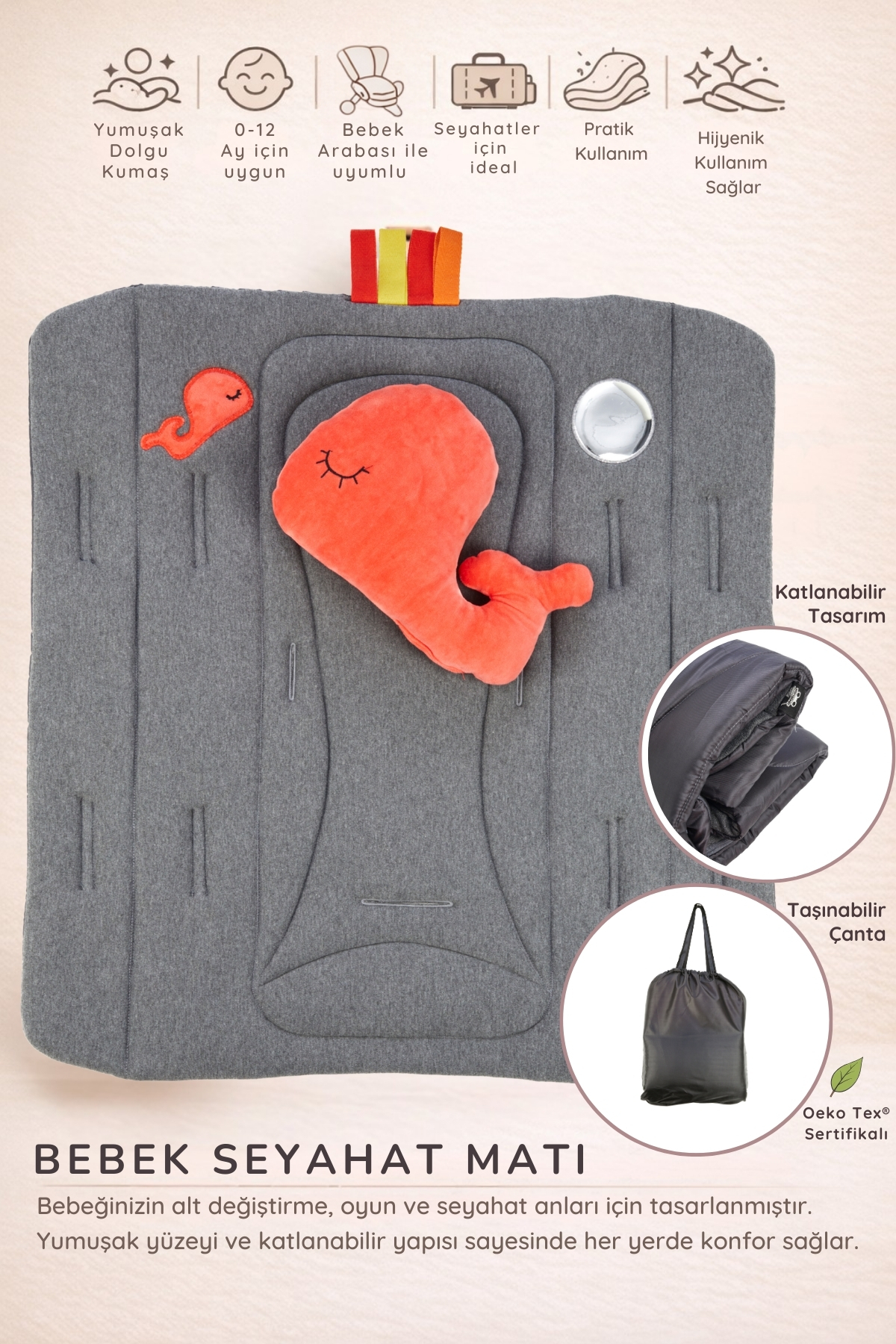 ubeybi Bebek Seyahat Alt Değiştirme Matı ve Oyun Minderi - Bebek Arabası Uyumlu Yumuşak Dolgulu Şilte fotoğrafı 5 (önizleme)