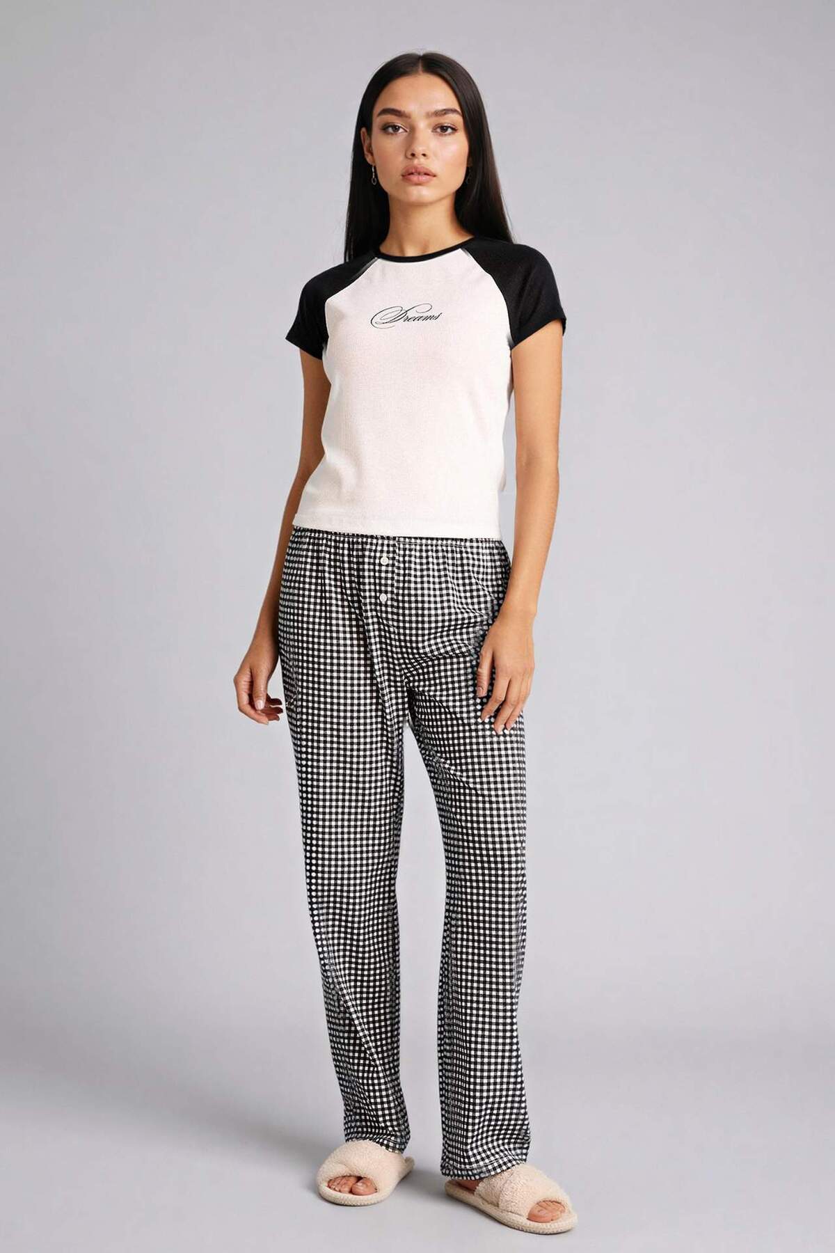 Defacto 100% Cotton Pajama Set Top Checkered Bottom G8522Ax26Sp