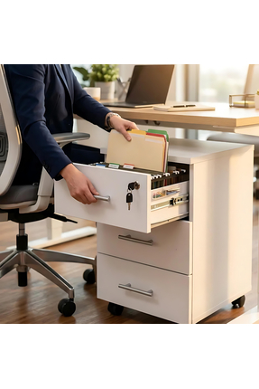 Sempre Keson Tekerlekli Beyaz , Merkez Kilitli, Üç Çekmeceli