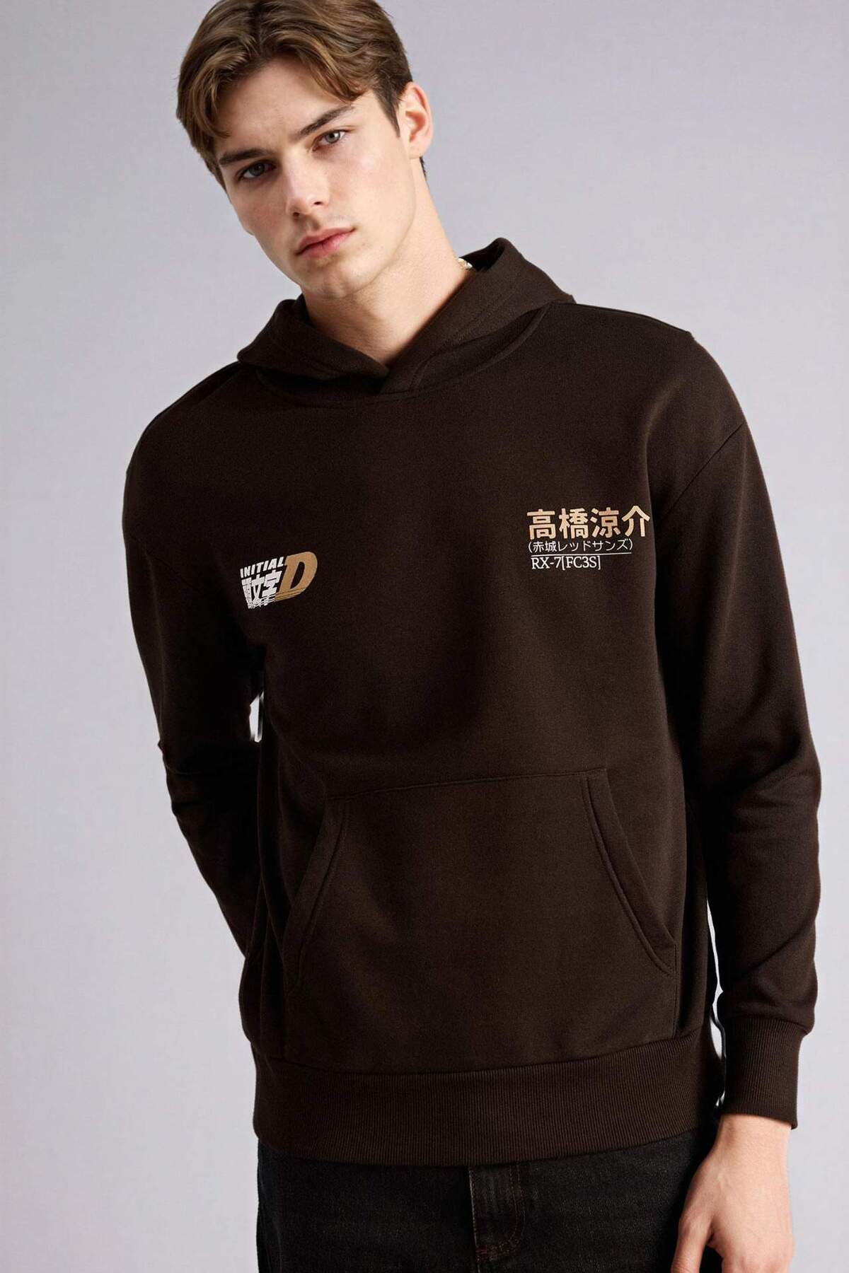 DeFacto Pamuklu Inıtıal D Boxy Fit Kapüşonlu Baskılı Kalın Sweatshirt Kumaşı Sweatshirt F9760AX26SP görsel 5