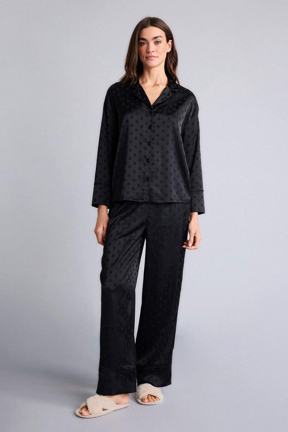 Defacto Polka Dot Pajama Set Long Sleeve Top Bottom F3104Ax26Sp