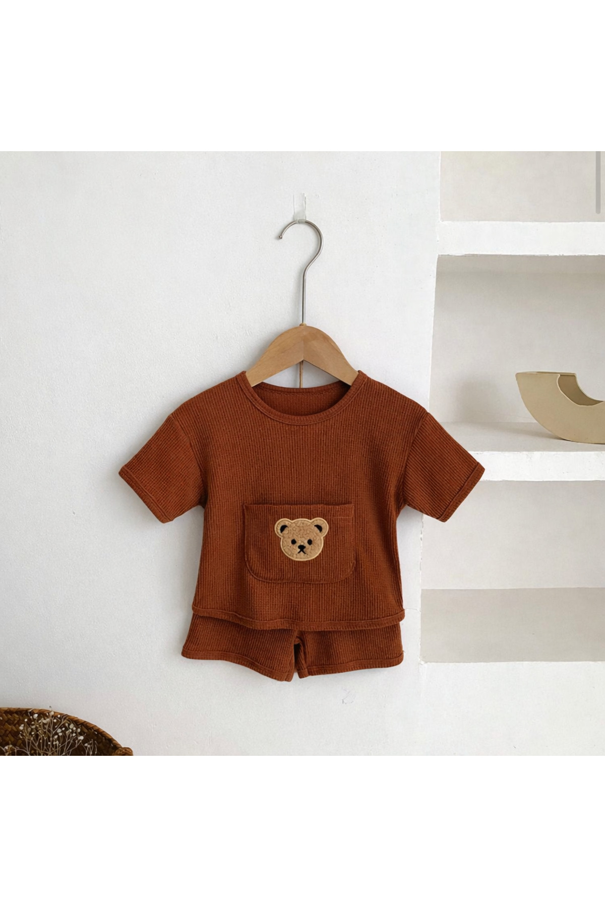 Bubito Ayılı Cep Görselli Pamuklu Yazlık Bebek Çocuk Şort Takım-Kahverengi fotoğrafı 2 (önizleme)