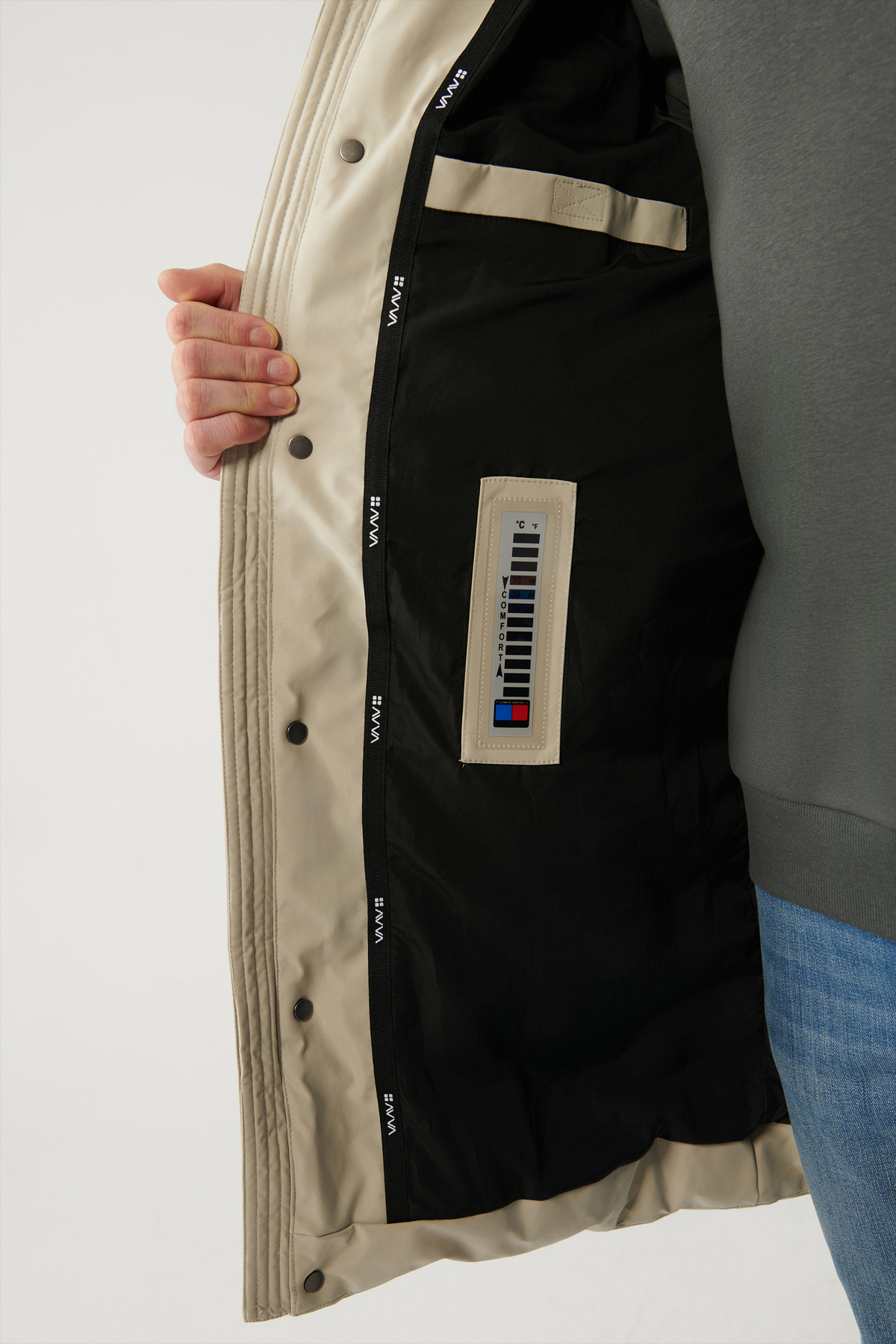 Avva  Erkek Bej Kapüşonlu Kuş Tüyü Dolgulu Su İtici Kumaşlı Uzun Kaban A32Y6047 - Görsel 5