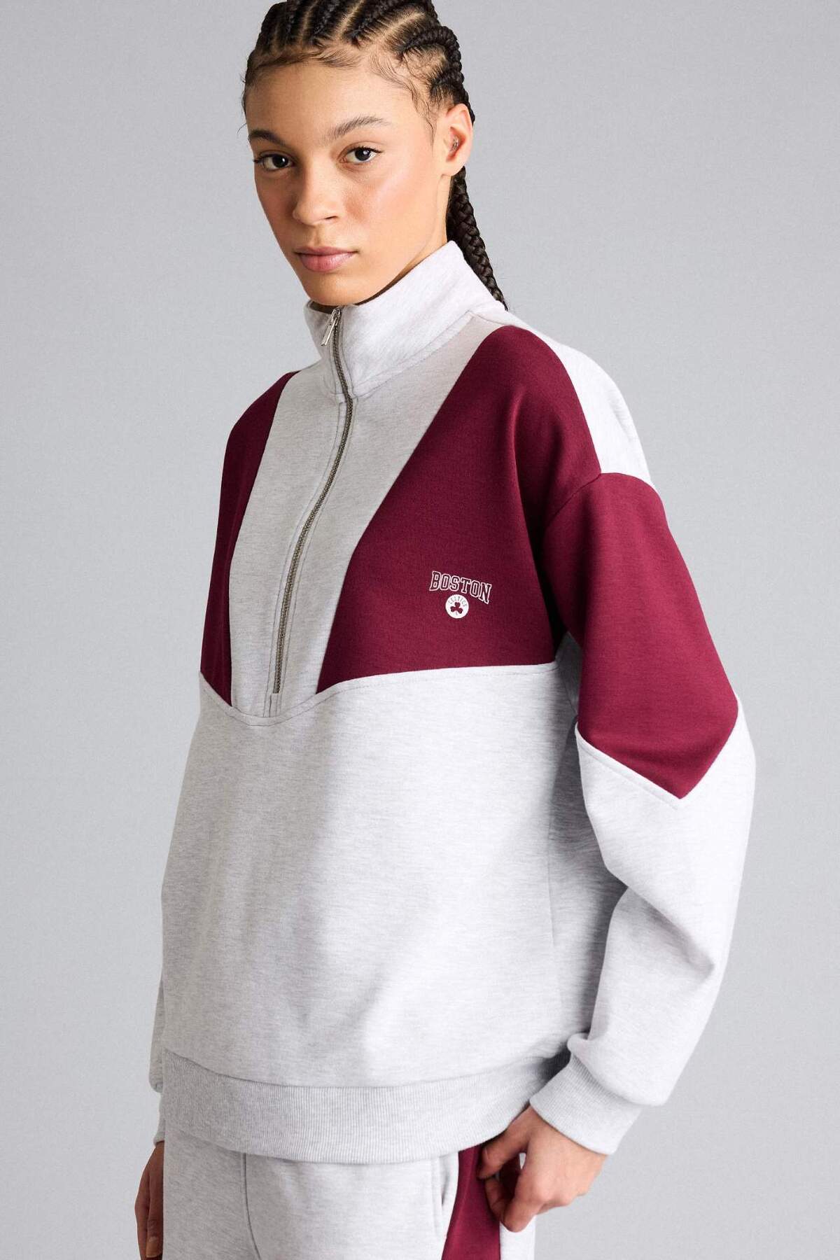 Airtech NBA Boston Celtics Oversize Fit Yarım Fermuarlı Modal Sporcu Sweatshirt G5482AX25AU — خاکستری — تصویر 3 از 8