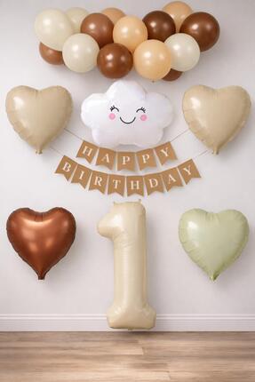 Patladı Gitti 1 Yaş Retro Doğum Günü Seti; Krem Rakam Folyo, Banner, Kalp Fol...