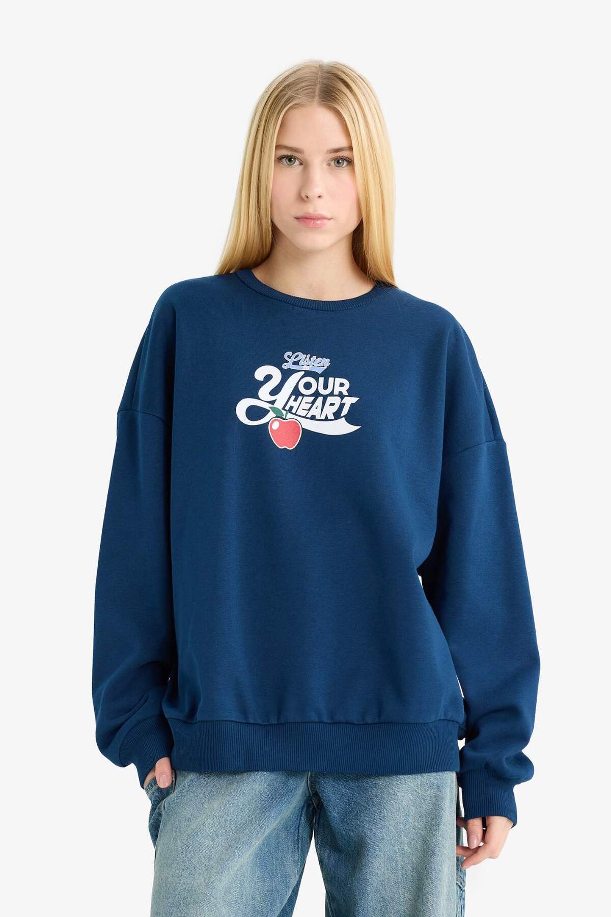 Defacto  Oversize Geniş Kalıp Bisiklet Yaka Sırt Baskılı Sweatshirt G5492AX25WN - Görsel 3