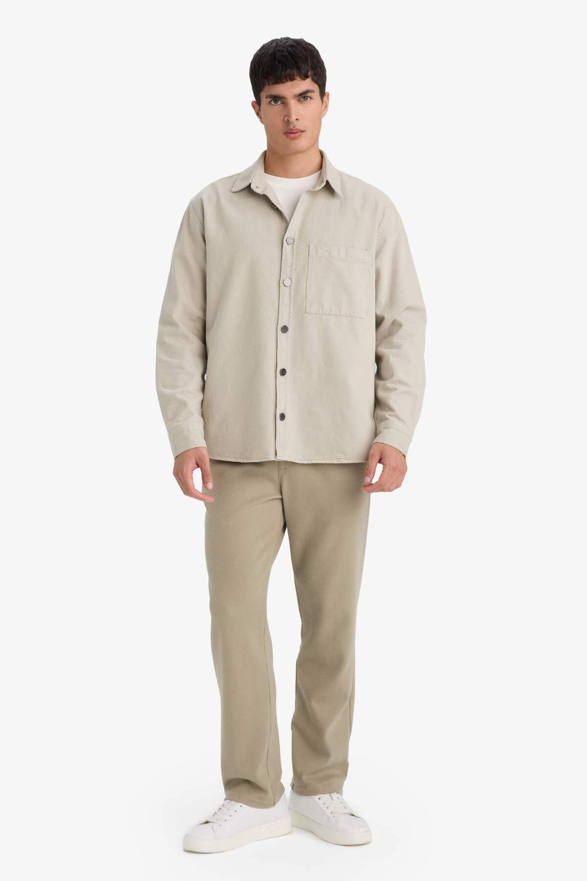 Defacto  G6595AXGR302 Gri Relax Fit Polo Yaka Gabardin Uzun Kollu Gömlek - Görsel 2