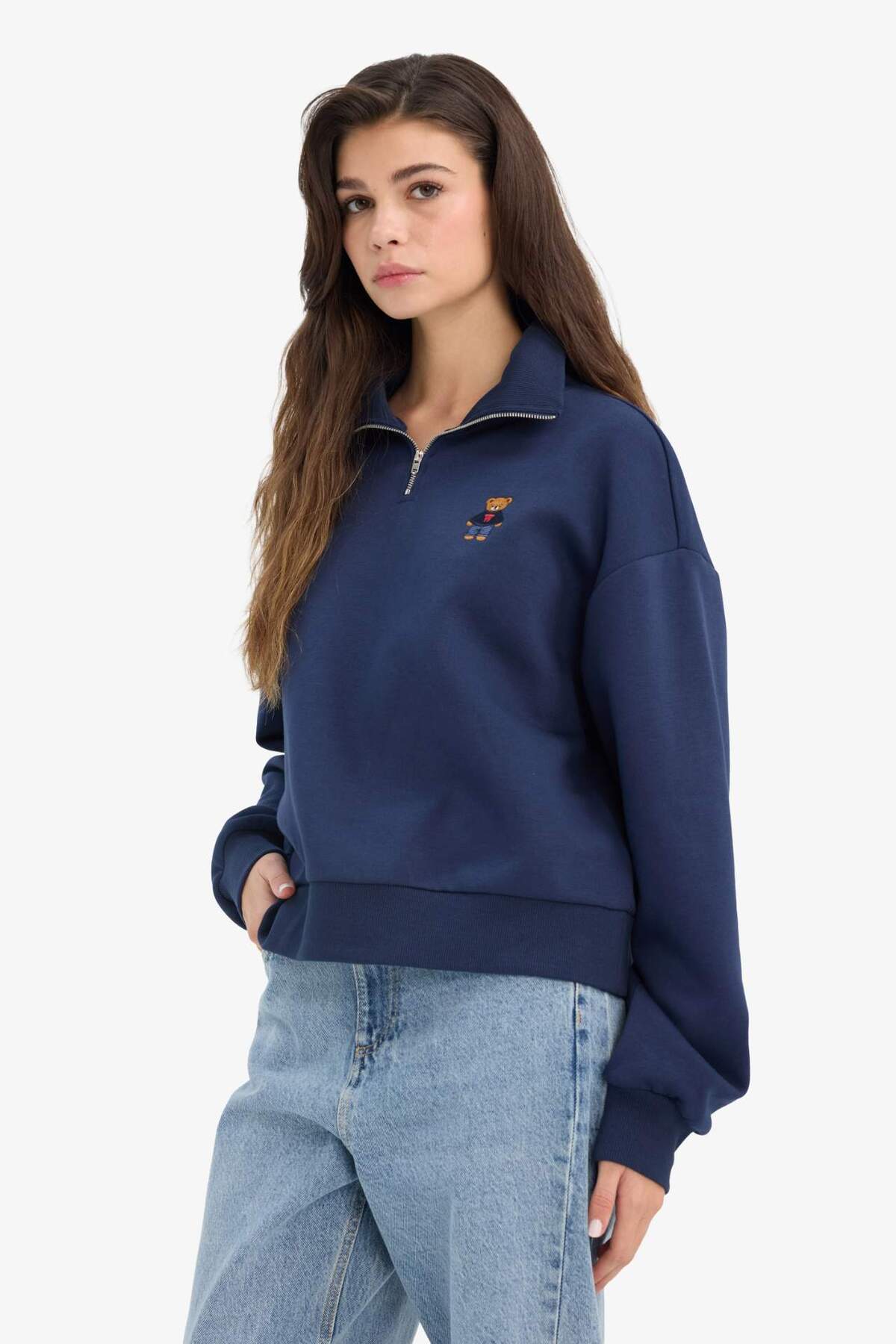 Defacto  Oversize Geniş Kalıp Yarım Fermuarlı Baskılı Kalın Sweatshirt G7217AX25CW - Görsel 3