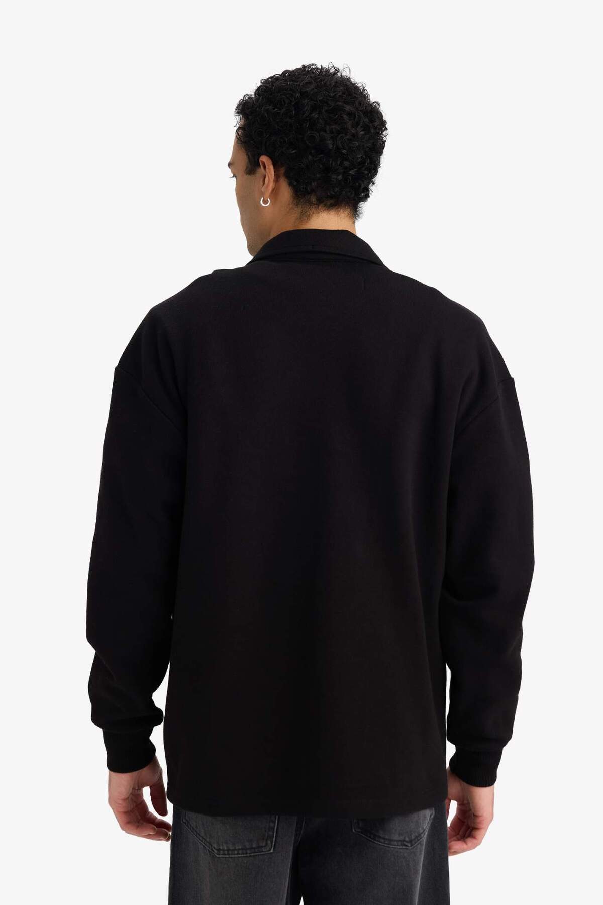 Boxy Fit Polo Yaka Yarım Fermuarlı Pike Sweatshirt G6471AX25WN — مشکی — تصویر 5 از 5