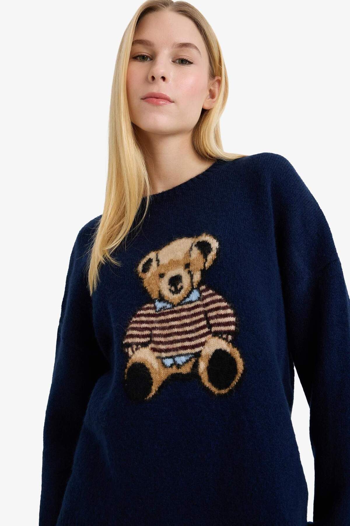 Defacto  Regular Fit Bisiklet Yaka Ayıcıklı Triko Kazak G6224AX25WN - Görsel 4