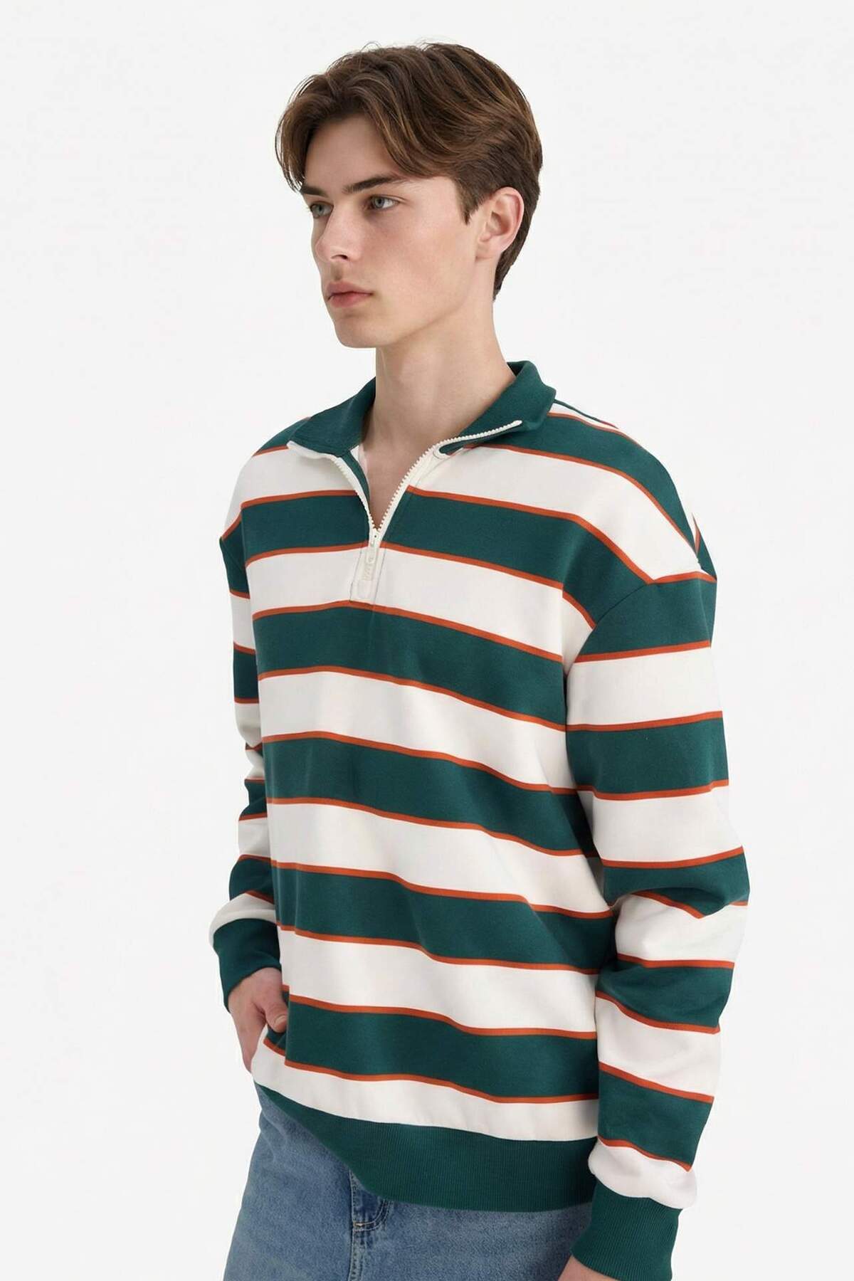 Boxy Fit Dik Yaka Yarım Fermuarlı Çizgili Sweatshirt G5021AX25WN — سبز — تصویر 3 از 5