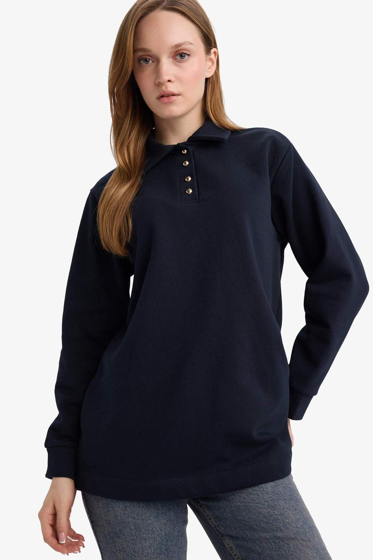 DeFacto Regular Fit Polo Yaka Uzun Kollu Sweatshirt Tunik G6613AX25WN