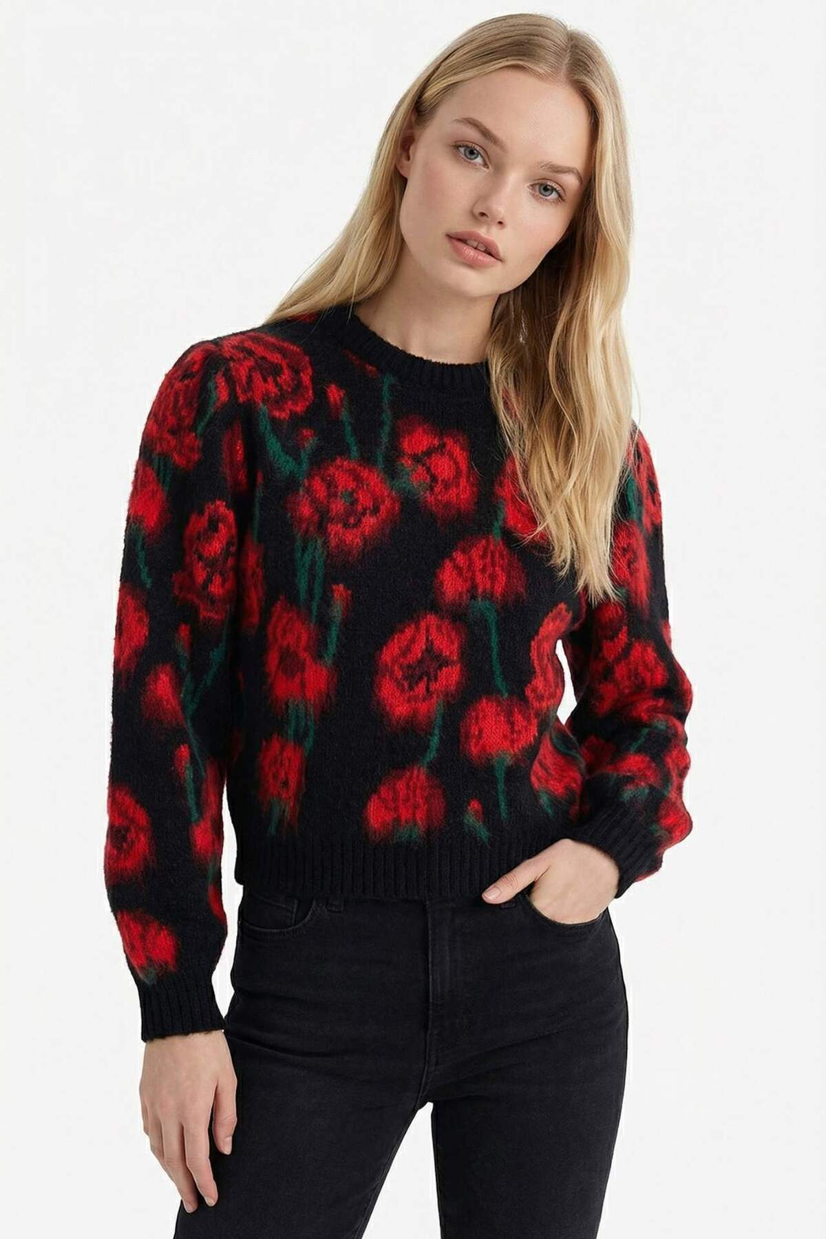 DeFacto Regular Fit Bisiklet Yaka Çiçekli Triko Kazak G8227AX25WN