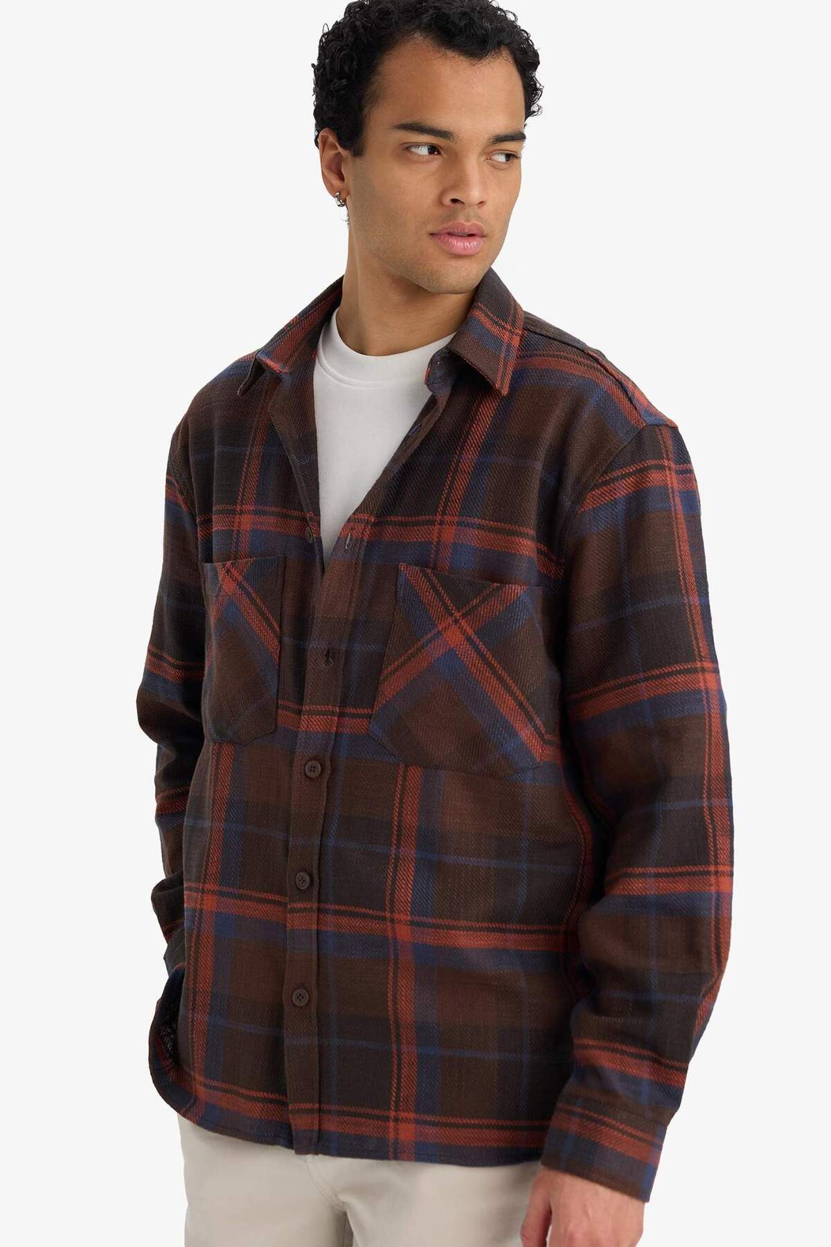 DeFacto %100 Pamuk Regular Fit Polo Yaka Kareli Flanel Uzun Kollu Gömlek G2331AX25AU — قهوه‌ای E801GY116427