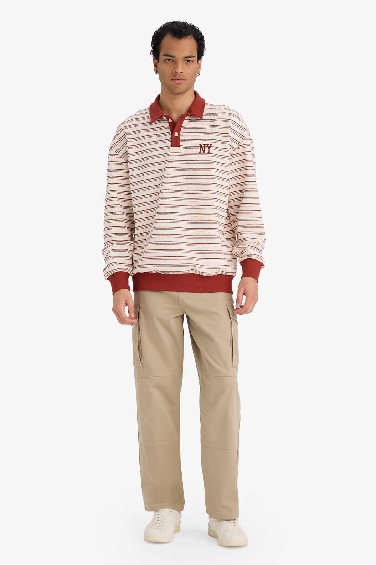 Boxy Fit Polo Yaka Baskılı Çizgili Sweatshirt G7003AX25WN — اکرو — تصویر 2 از 5