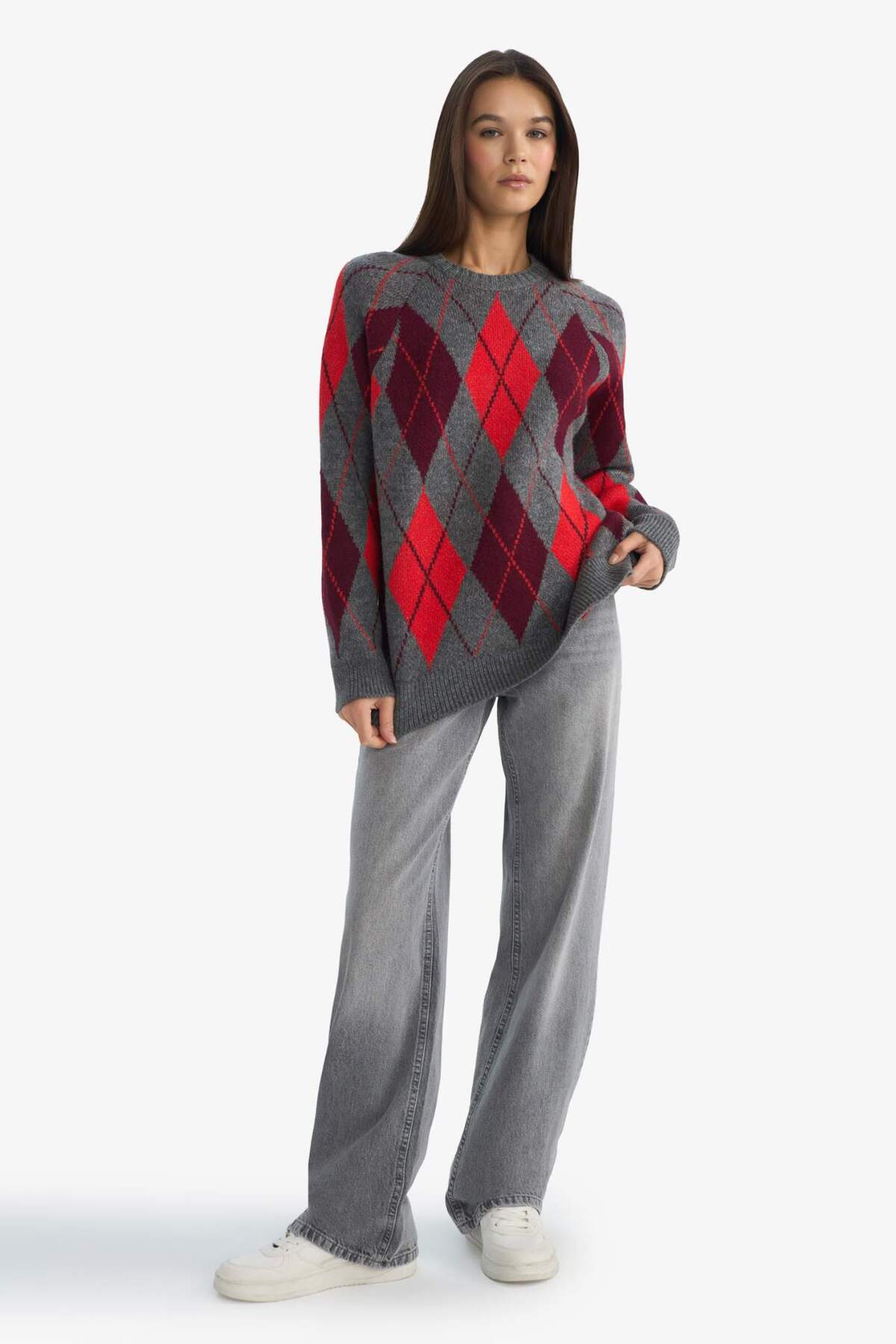 Defacto  Oversize Geniş Kalıp Bisiklet Yaka Baklava Desenli Triko Kazak G4418AX25WN - Görsel 2