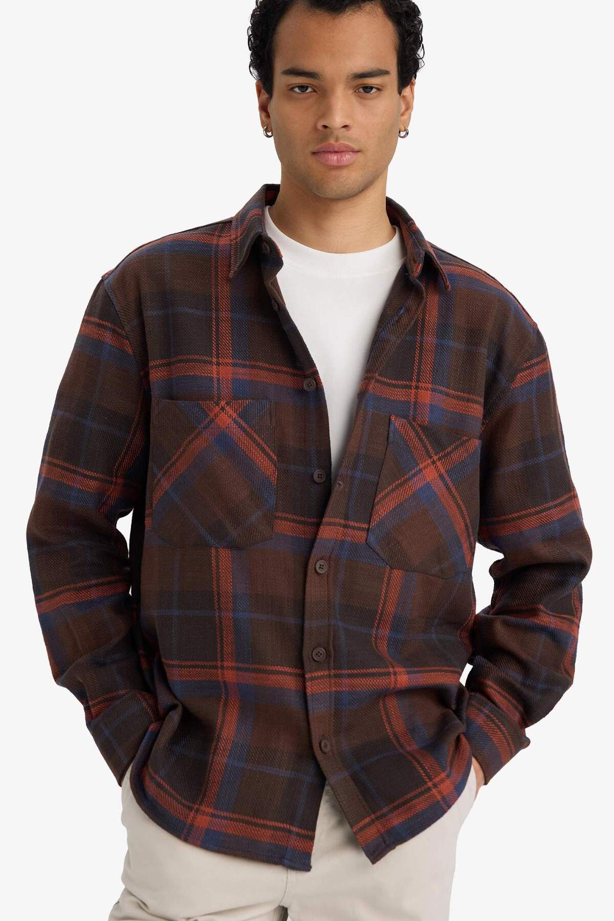 %100 Pamuk Regular Fit Polo Yaka Kareli Flanel Uzun Kollu Gömlek G2331AX25AU — قهوه‌ای E801GY116427 — تصویر 3 از 5