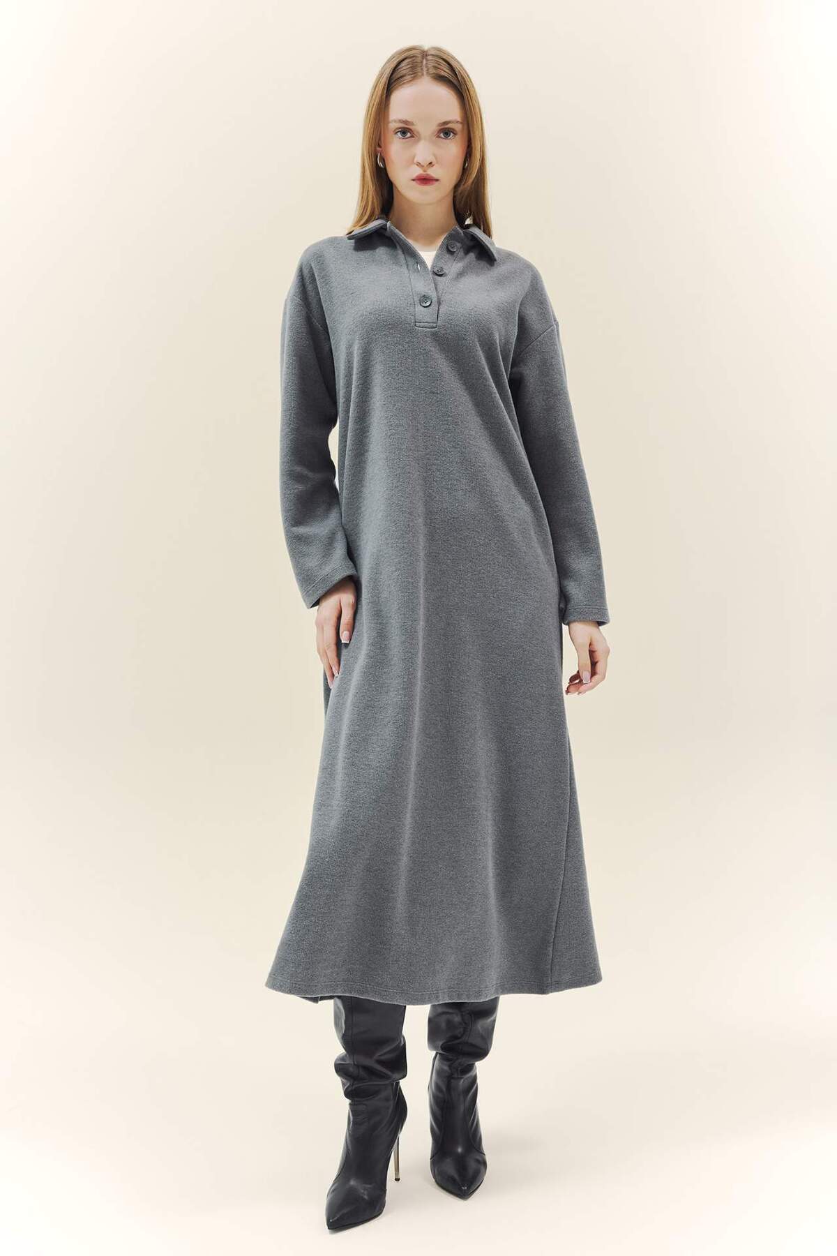 DeFacto Regular Fit Polo Yaka Uzun Kollu Maxi ElbiseG1886AX25WN