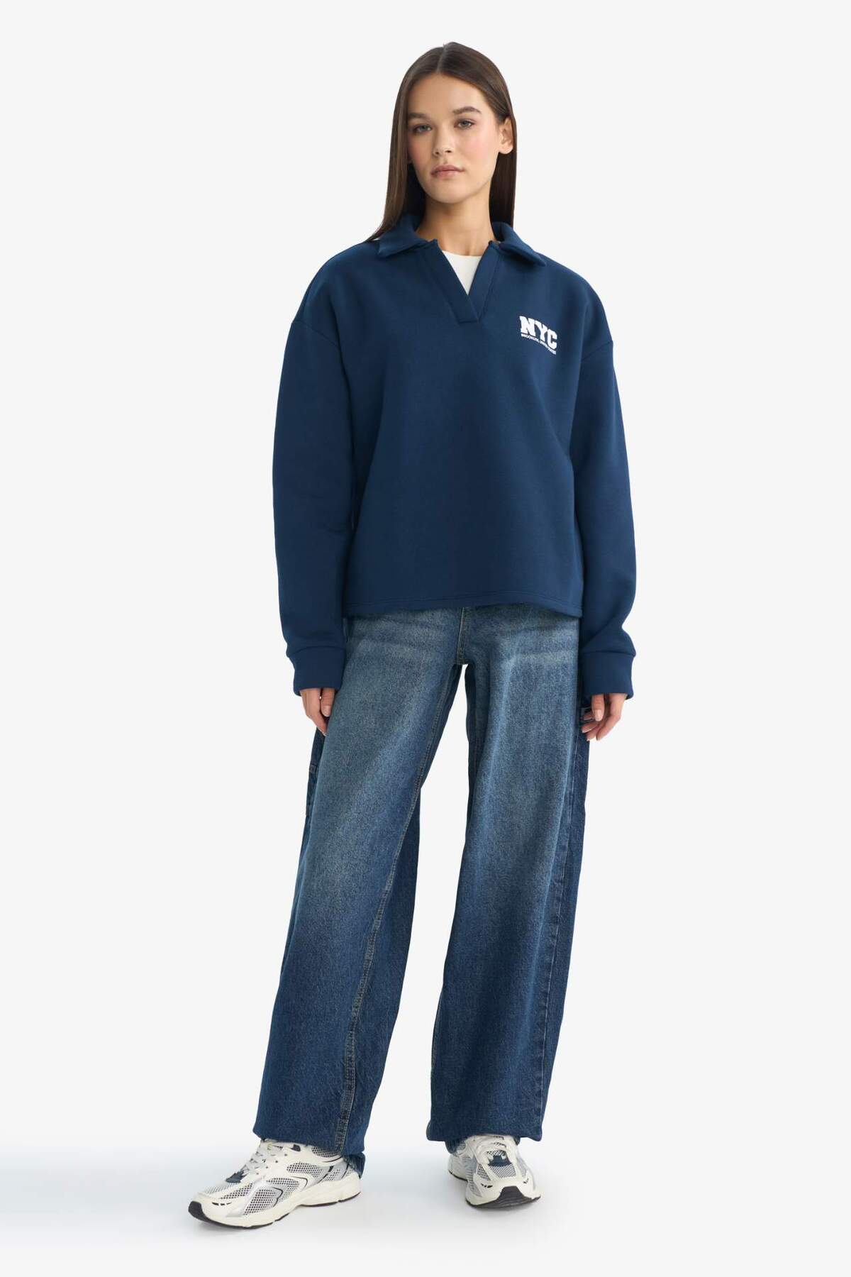 DeFacto Oversize Geniş Kalıp Polo Yaka Baskılı Sweatshirt G3721AX25WN görsel 2