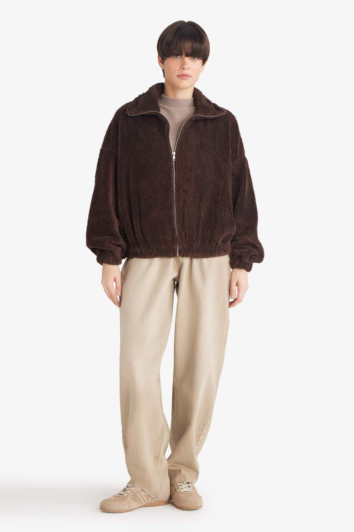 Defacto  Oversize Geniş Kalıp Polo Yaka Welsoft Pelüş Fermuarlı Hırka C8229AX25WN - Görsel 2