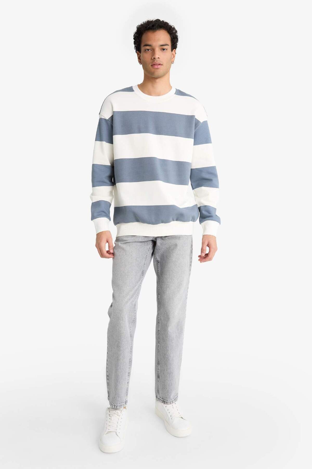 DeFacto Boxy Fit Bisiklet Yaka Çizgili Sweatshirt F4641AX25AU görsel 2
