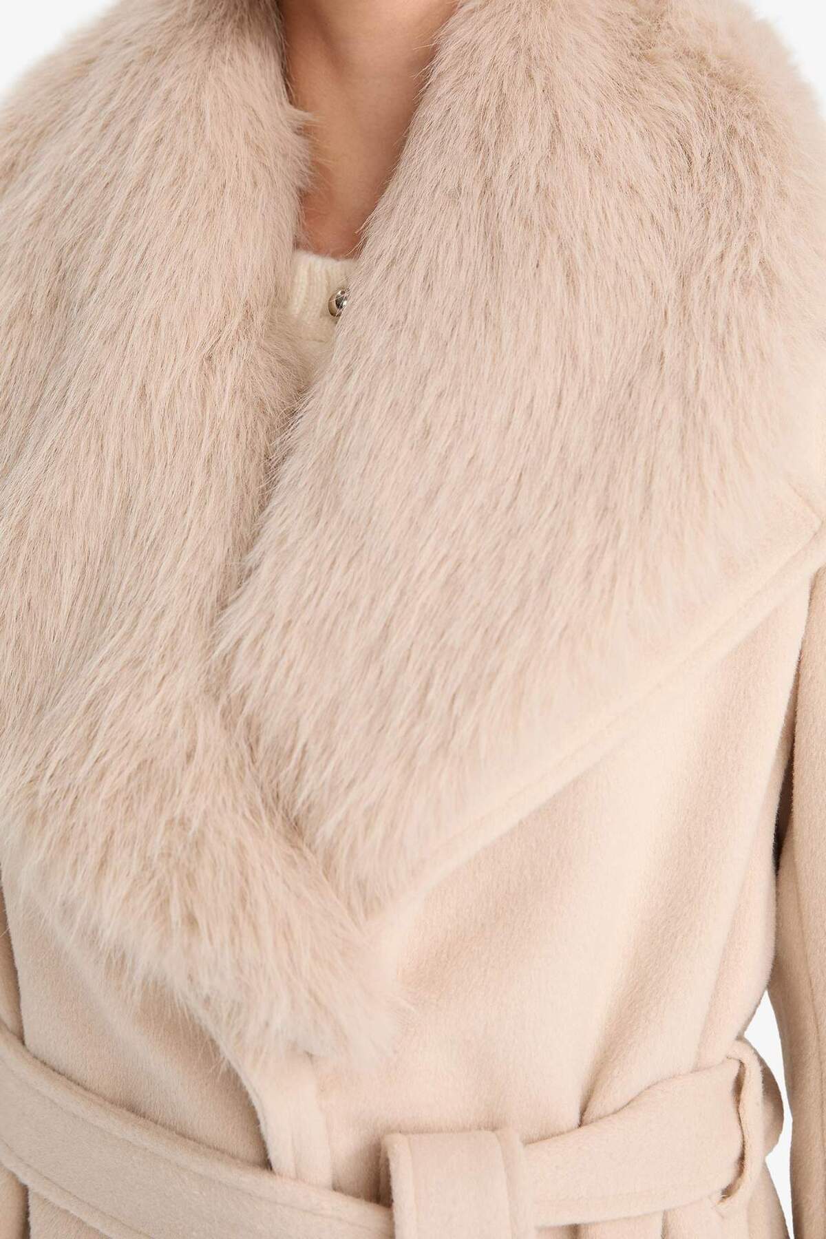 Defacto  Regular Fit Suni Kürk Yaka Kuşaklı Kaşe Uzun Kaban F2811AX25WN - Görsel 6