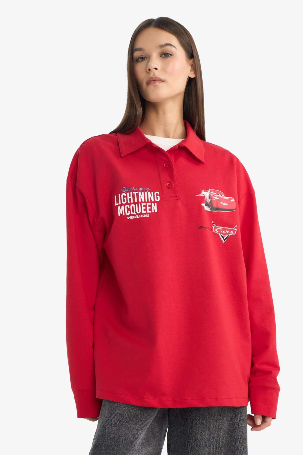 Defacto  Cars Oversize Geniş Kalıp Polo Yaka Sırt Baskılı Sweatshirt F8916AX25AU - Görsel 3