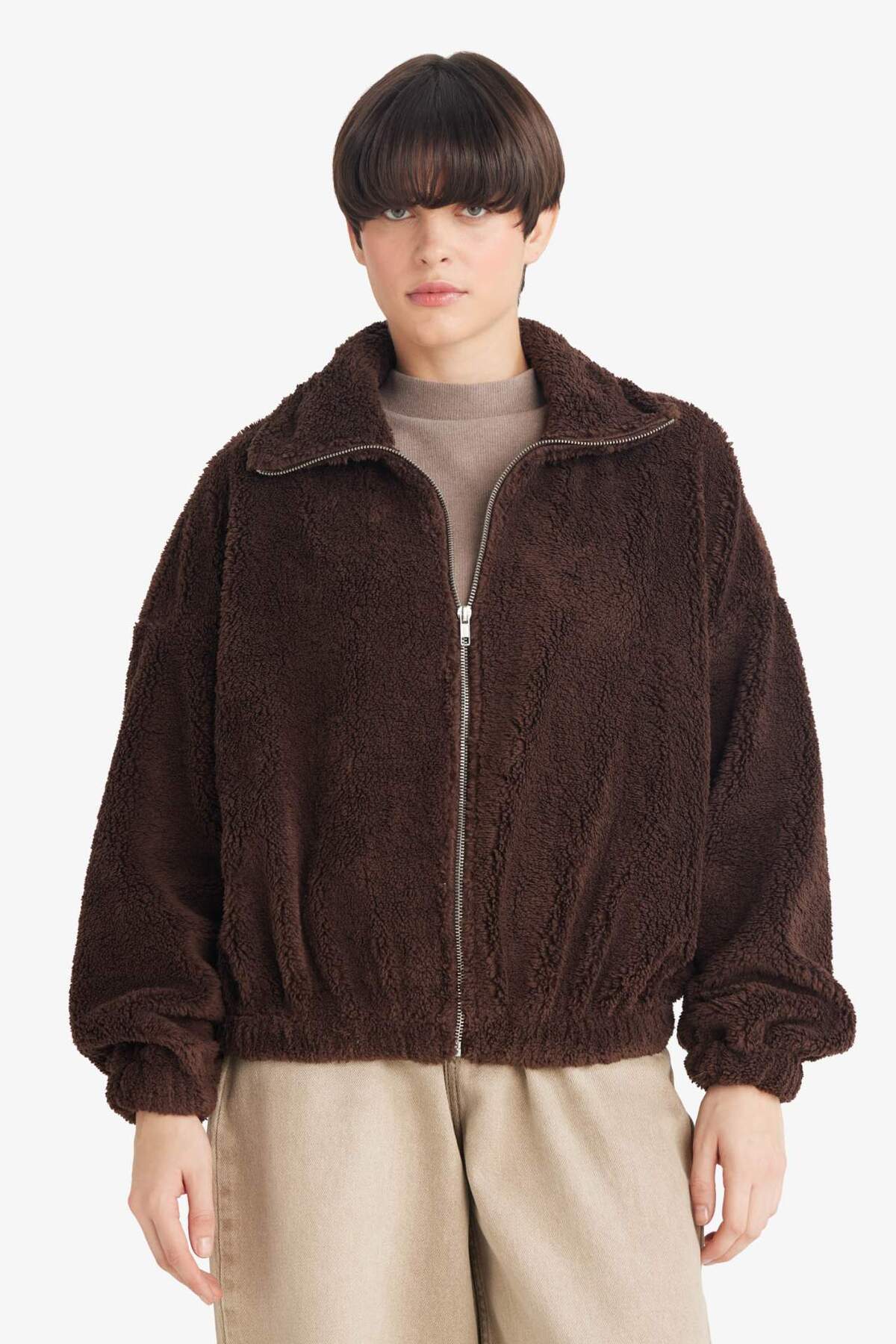 Defacto  Oversize Geniş Kalıp Polo Yaka Welsoft Pelüş Fermuarlı Hırka C8229AX25WN - Görsel 3