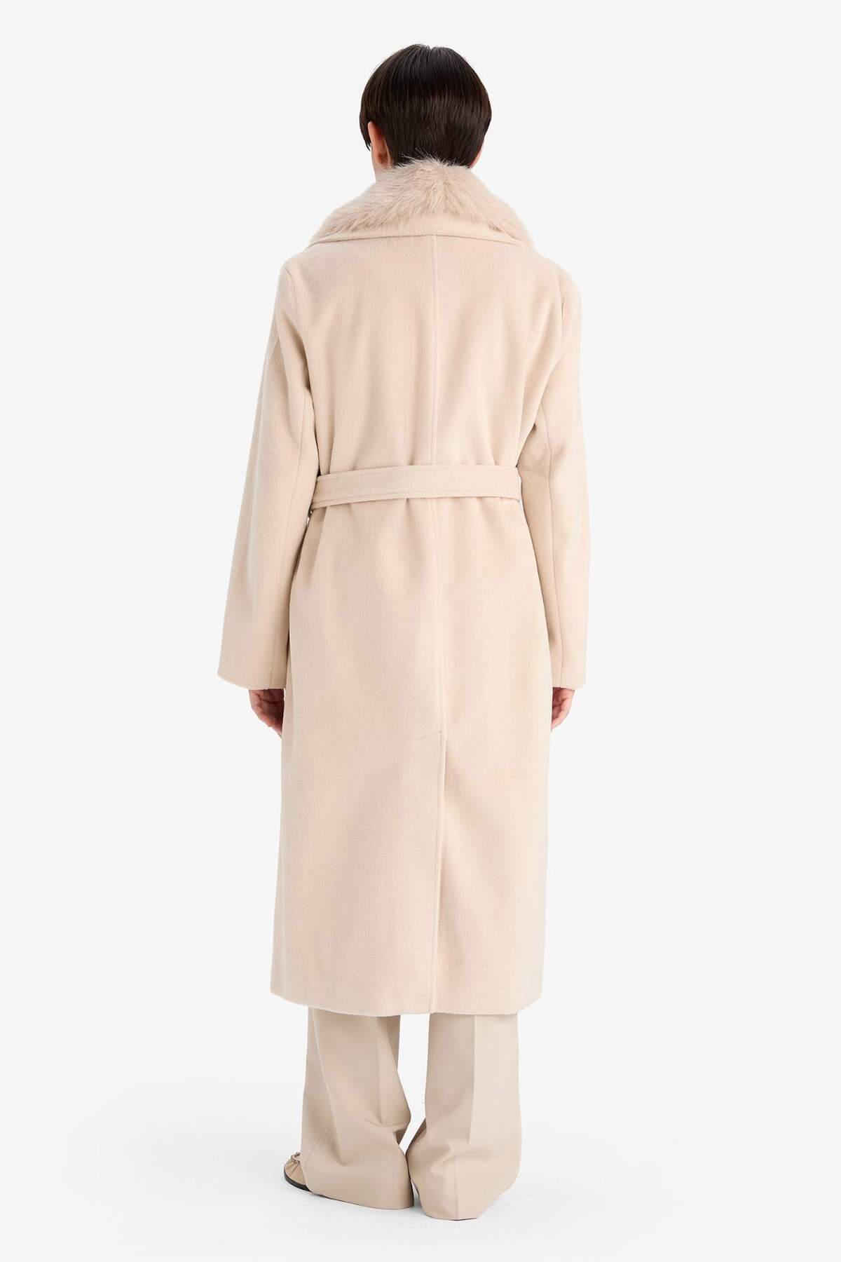 Defacto  Regular Fit Suni Kürk Yaka Kuşaklı Kaşe Uzun Kaban F2811AX25WN - Görsel 8