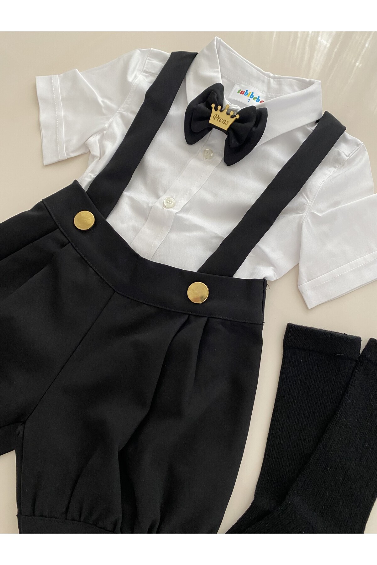 tubibebe Siyah & Gold Pileli Şort Salopet Takım - Erkek Bebek Doğum Günü Kıyafeti - Özel Gün Kostümü fotoğrafı 5 (önizleme)