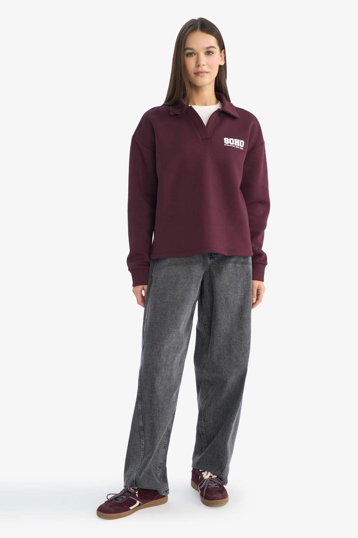 Defacto  Oversize Geniş Kalıp Polo Yaka Baskılı Sweatshirt G3721AX25WN - Görsel 2