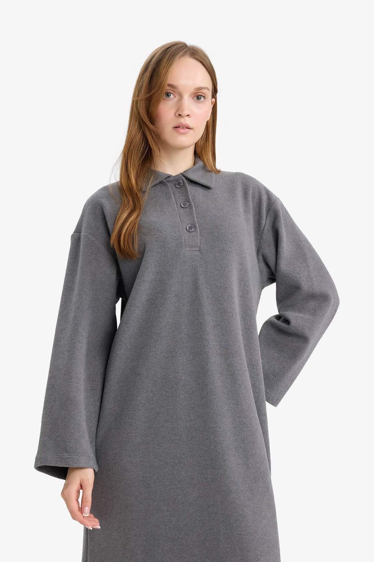 DeFacto Regular Fit Polo Yaka Uzun Kollu Maxi ElbiseG1886AX25WN görsel 4