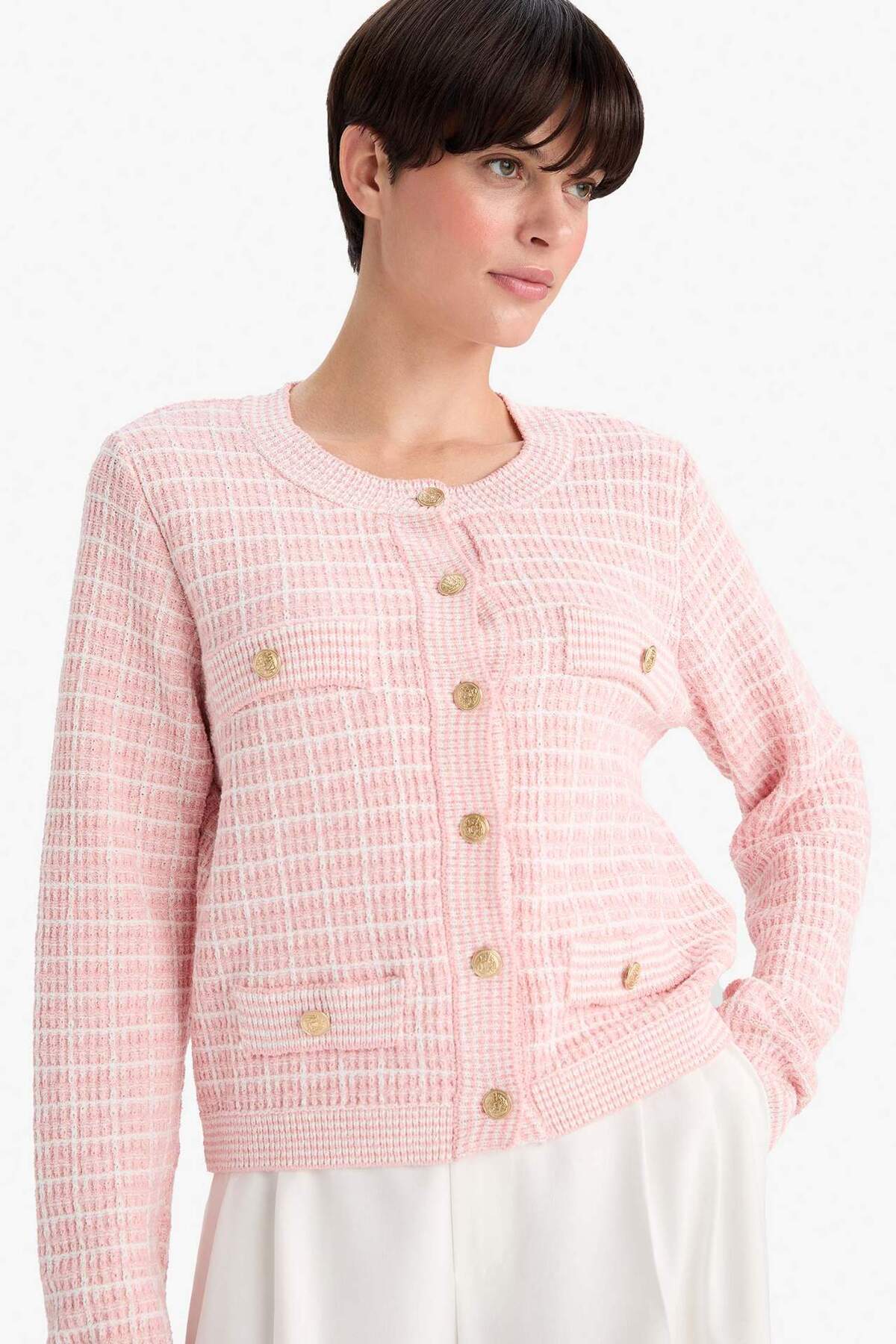 DeFacto Regular Fit Bisiklet Yaka Kareli Triko Hırka G0806AX25WN