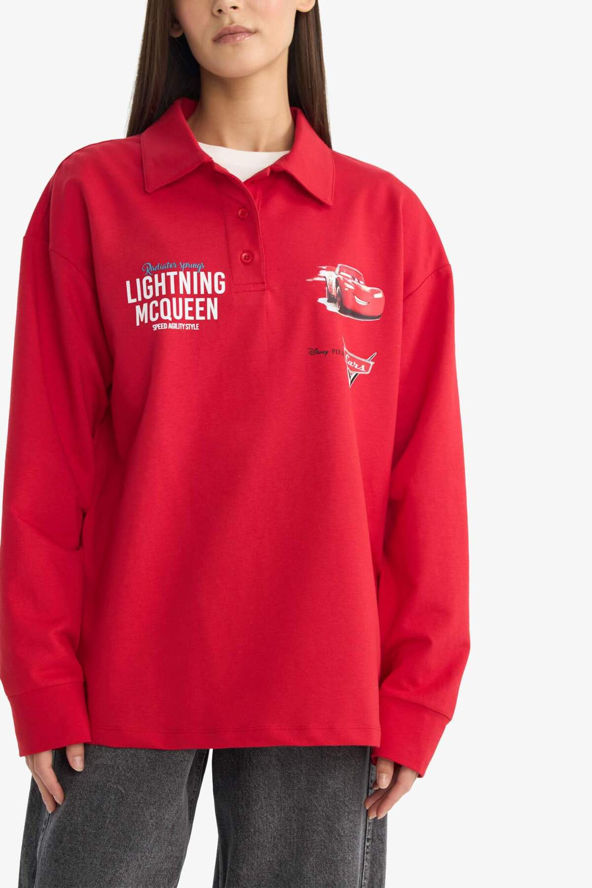 Defacto  Cars Oversize Geniş Kalıp Polo Yaka Sırt Baskılı Sweatshirt F8916AX25AU - Görsel 4