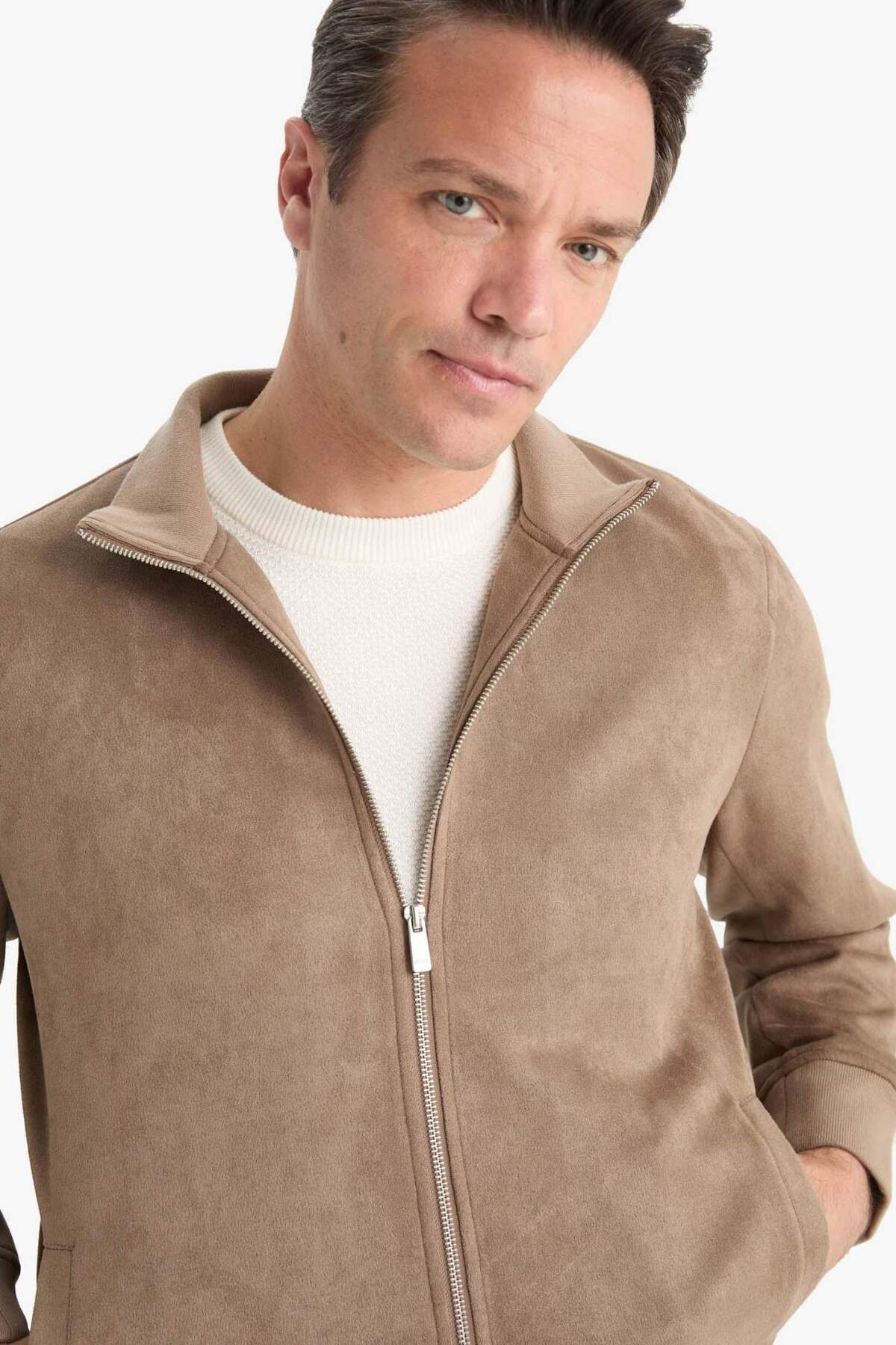 Defacto  Slim Fit Dar Kesim Dik Yaka Astarlı Fermuarlı Cepli Süet Mevsimlik Baharlık Mont D1524AX25AU - Görsel 7