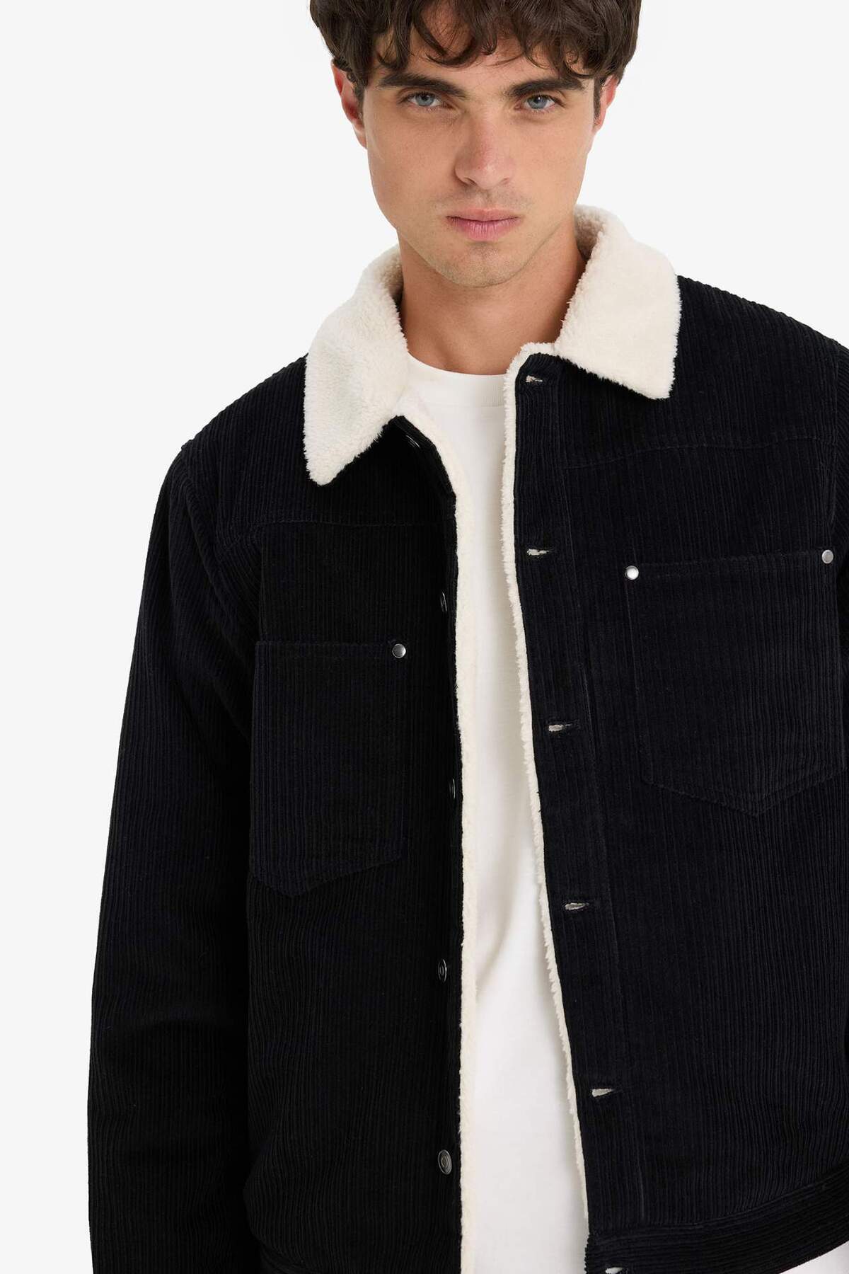 DeFacto Slim Fit Dar Kesim Gömlek Yaka Pelüş Astar Çıtçıtlı Pamuklu İç Cepli Mont E9244AX25WN — مشکی