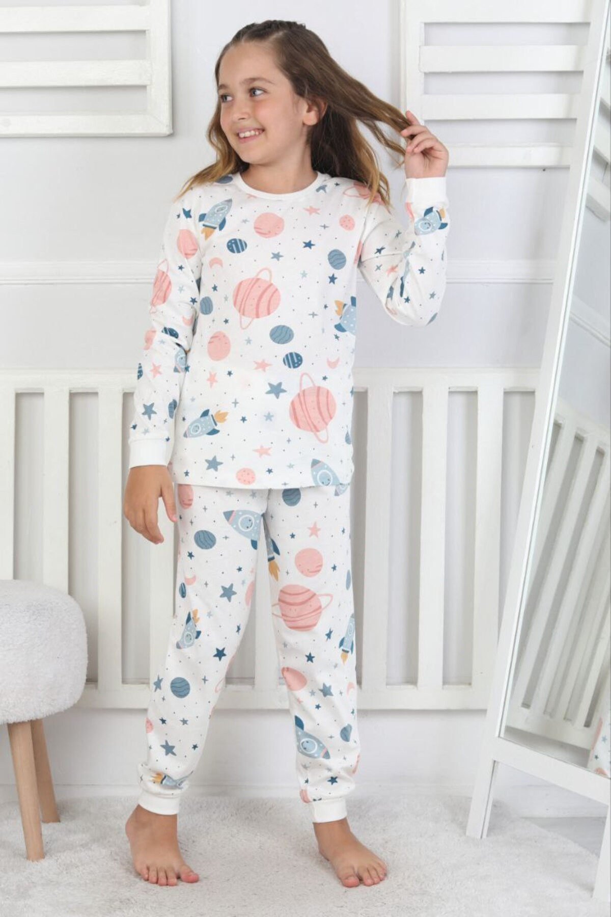 bunny hopp Unisex Çocuk %100 Pamuk Penye Pijama Takımı - Uzun Kollu Uzay Desenli fotoğrafı 5 (önizleme)