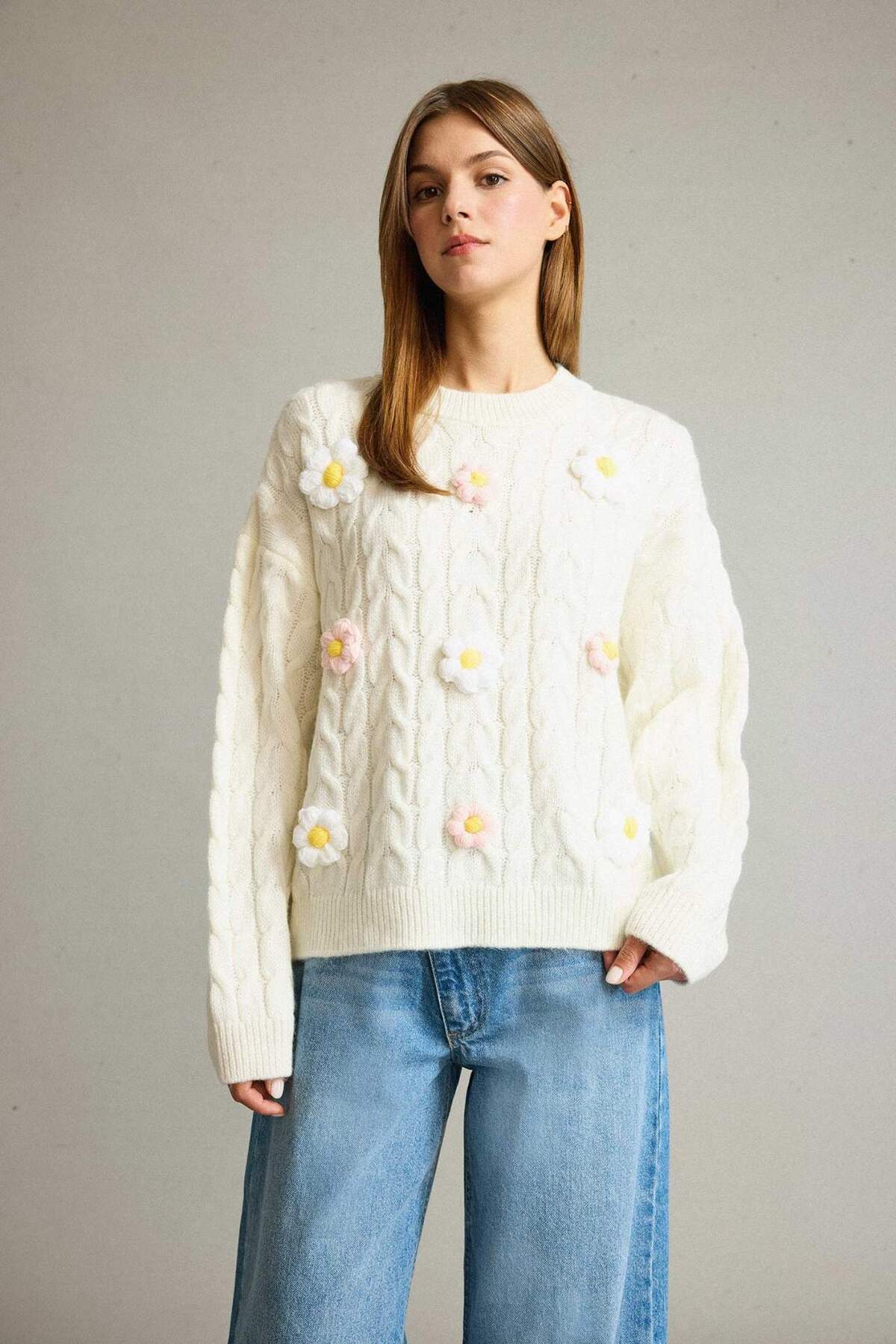 Defacto  Bisiklet Yaka Çiçekli Triko Kazak G3343AX25AU - Görsel 3