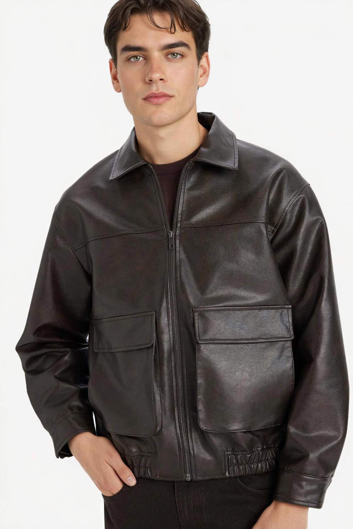 Defacto  Oversıze Gömlek Yaka Fermuarlı Suni Deri Mont E8822AX25AU - Görsel 3